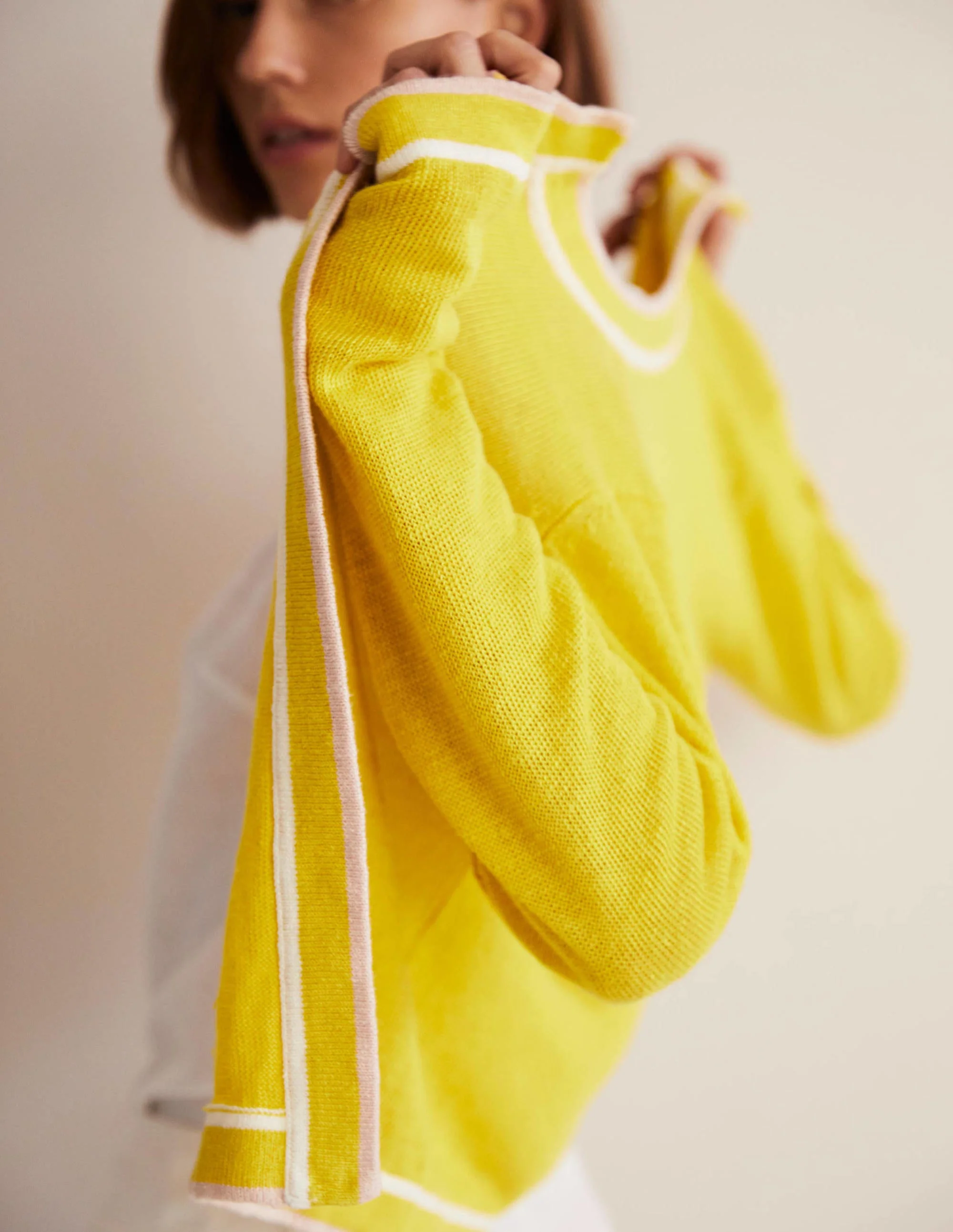 Stripe Trim Linen Cardigan-Lemon Fizz - Image 2