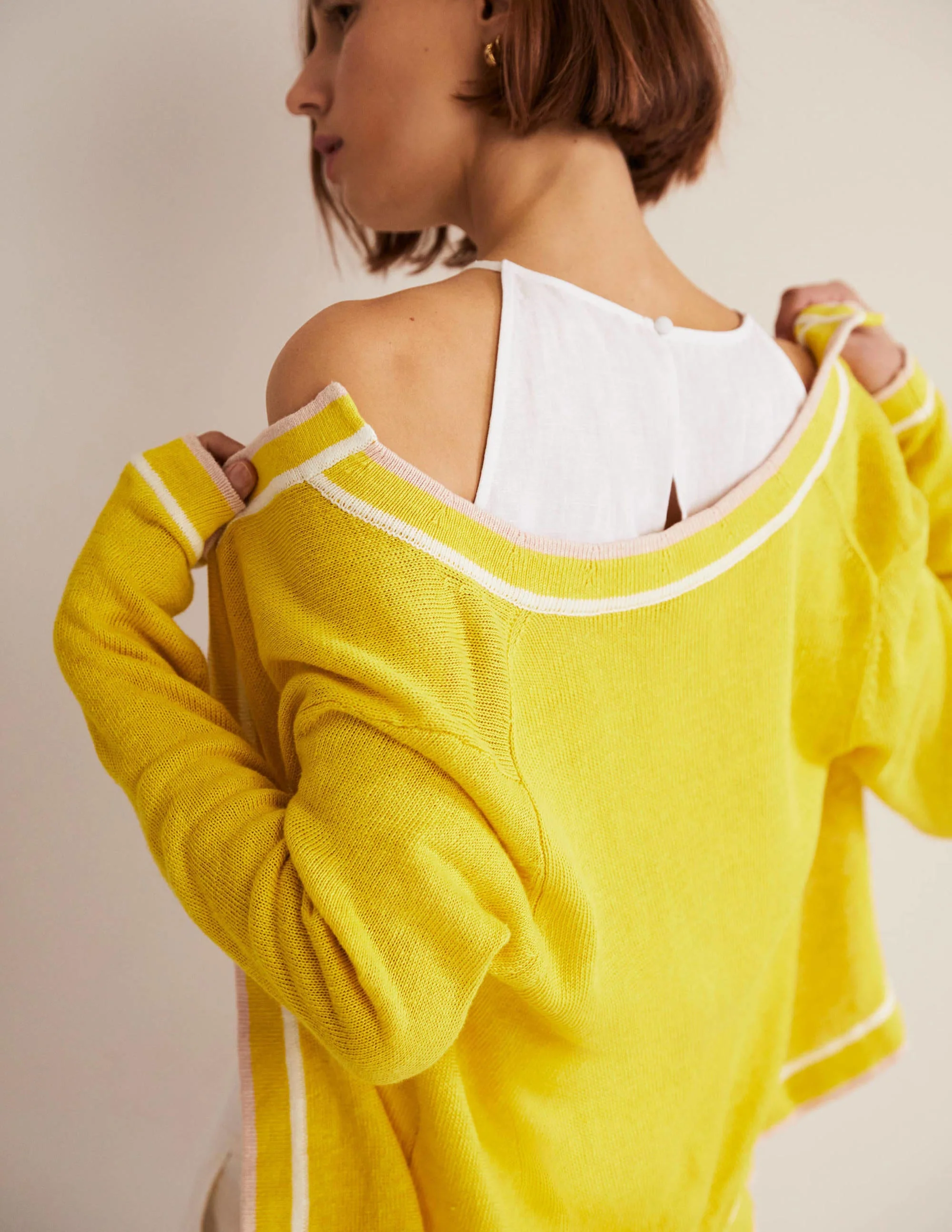 Stripe Trim Linen Cardigan-Lemon Fizz - Image 3