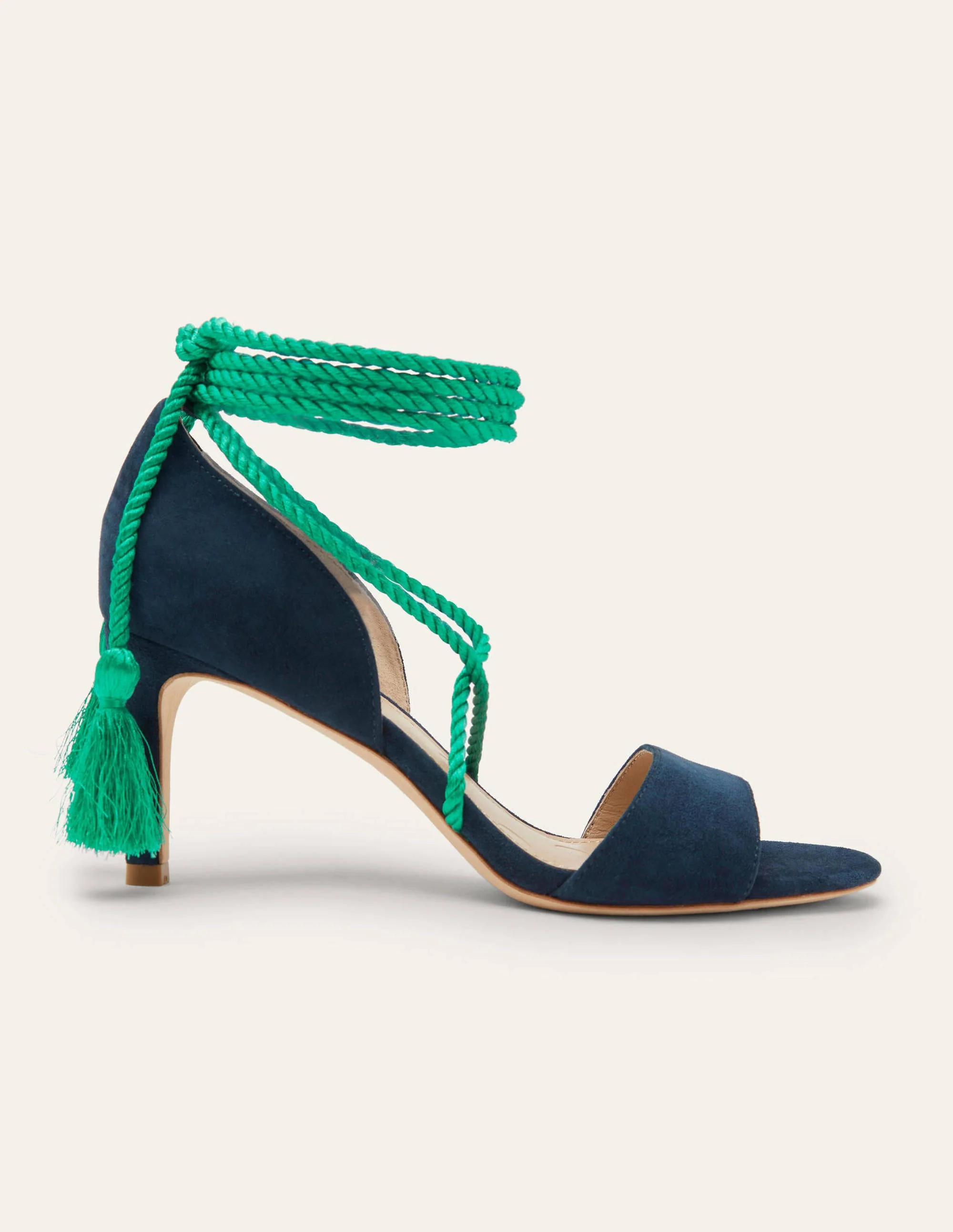 Suede Ankle Tie Heeled Sandals-Navy - Image 2