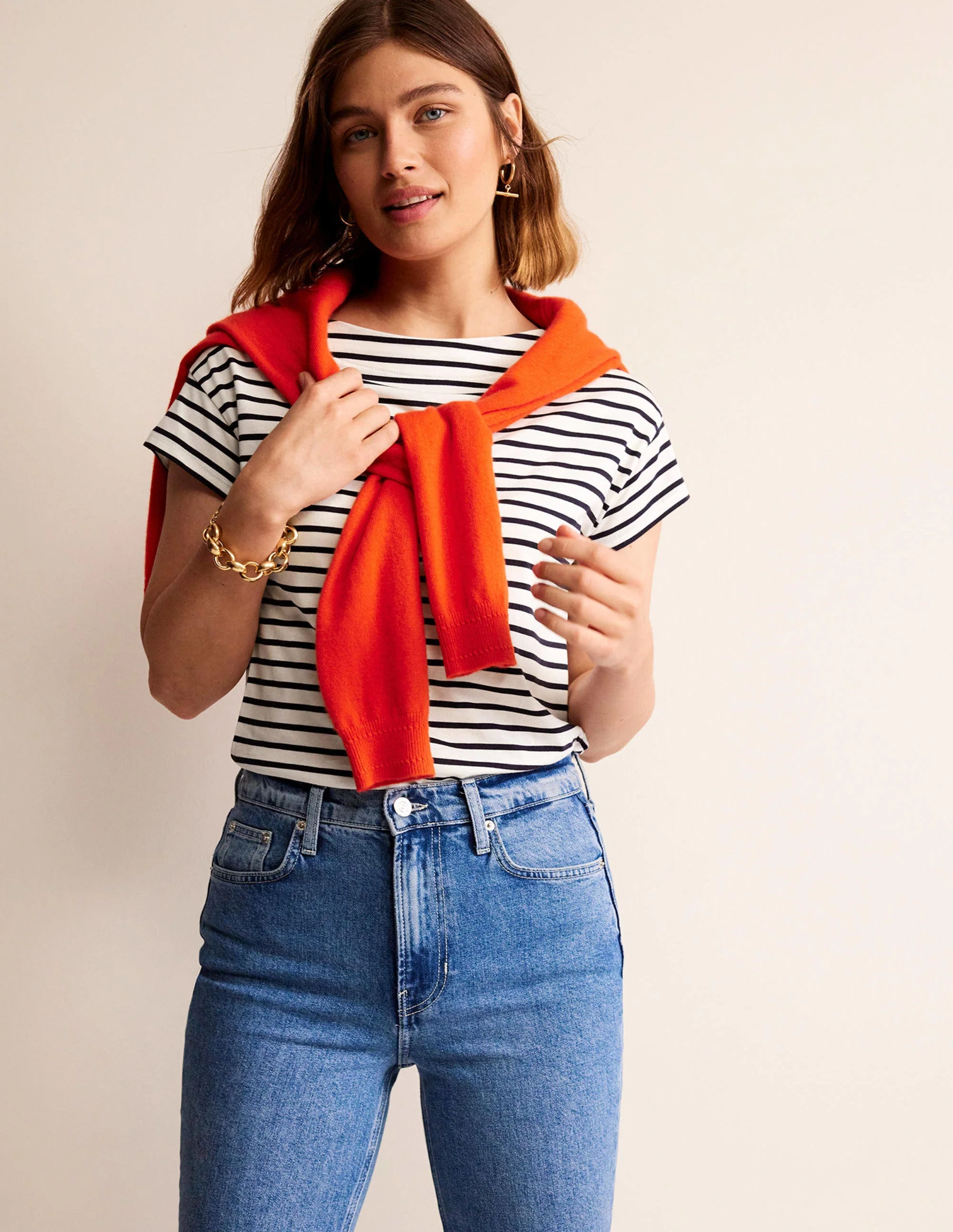 Supersoft Boat Neck T-Shirt-Ivory / Navy Stripe