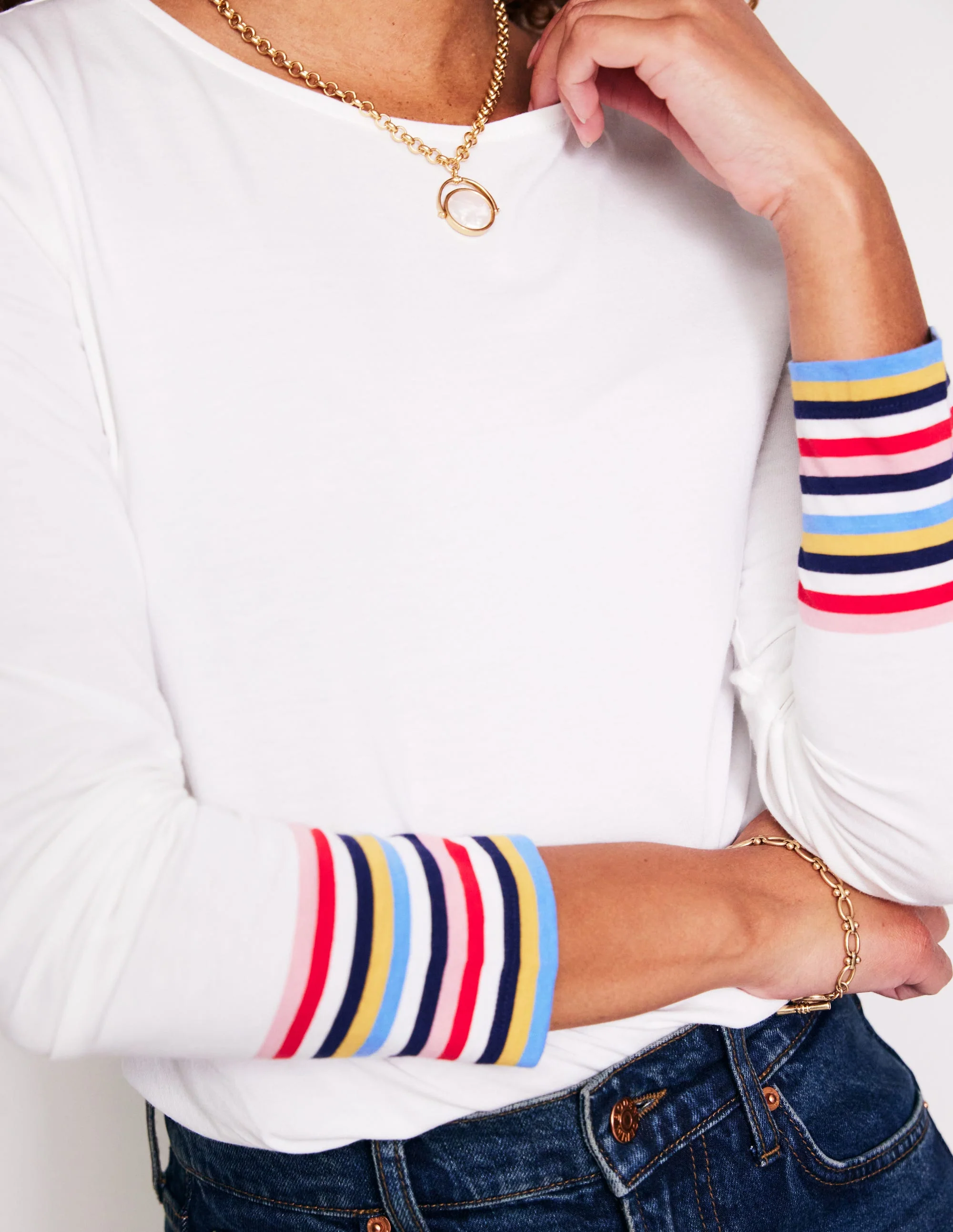 Supersoft Crew Neck Top-White Multi Stripe Cuff - Image 2