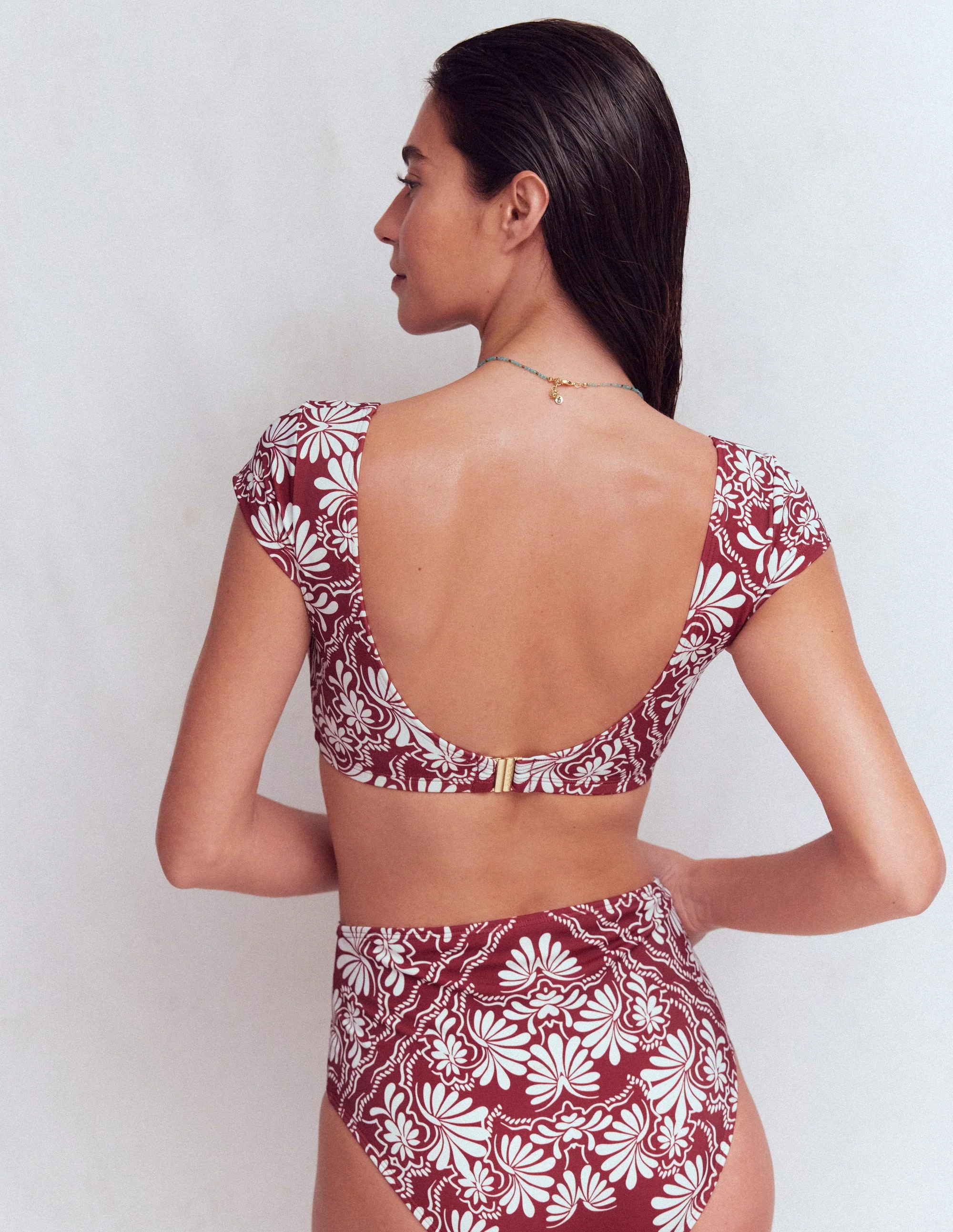 Sweetheart Sleeve Bikini Top-Maroon, Botanical Charm - Image 3