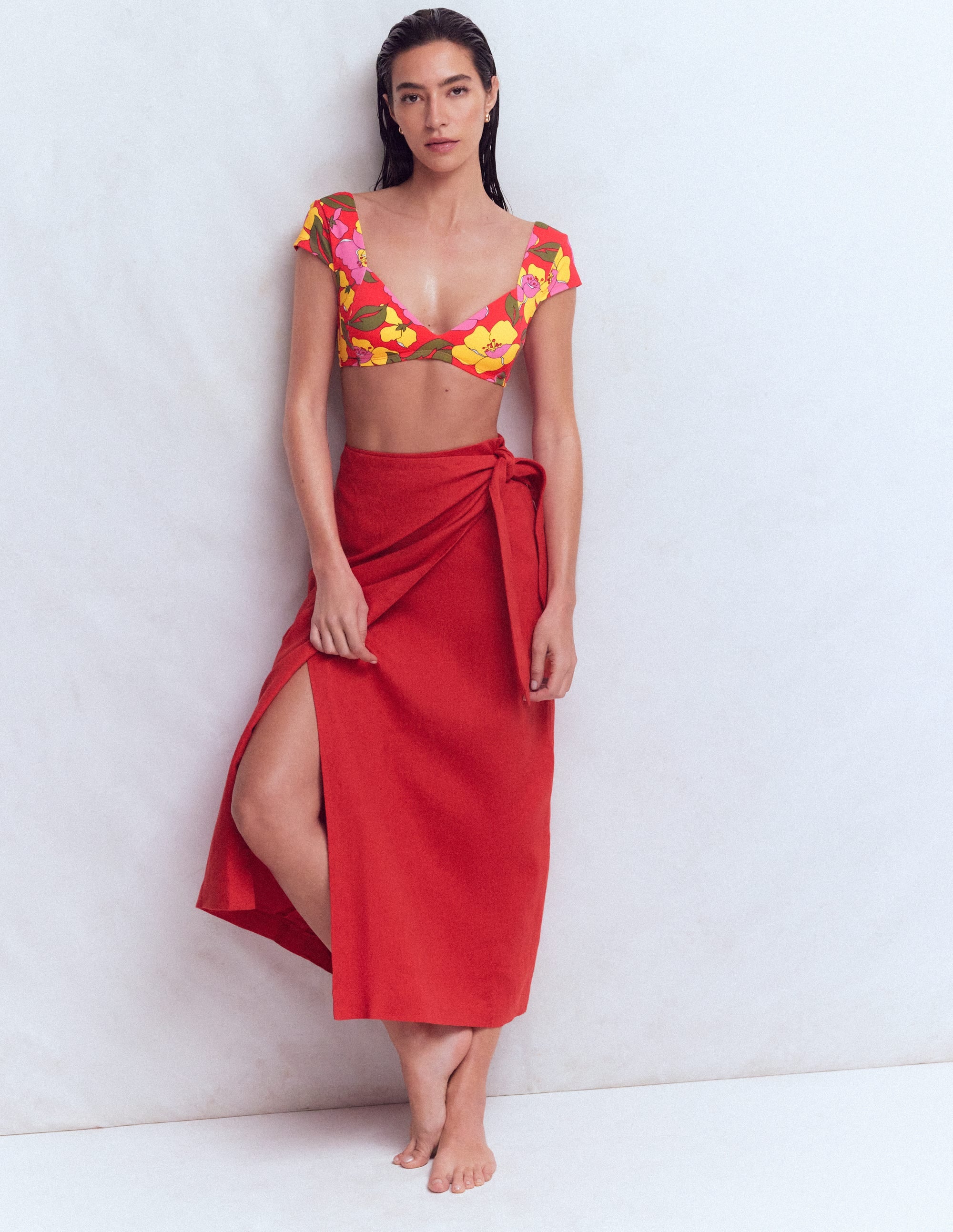 Sweetheart Sleeve Bikini Top-Red, Radiant Bloom - Image 6