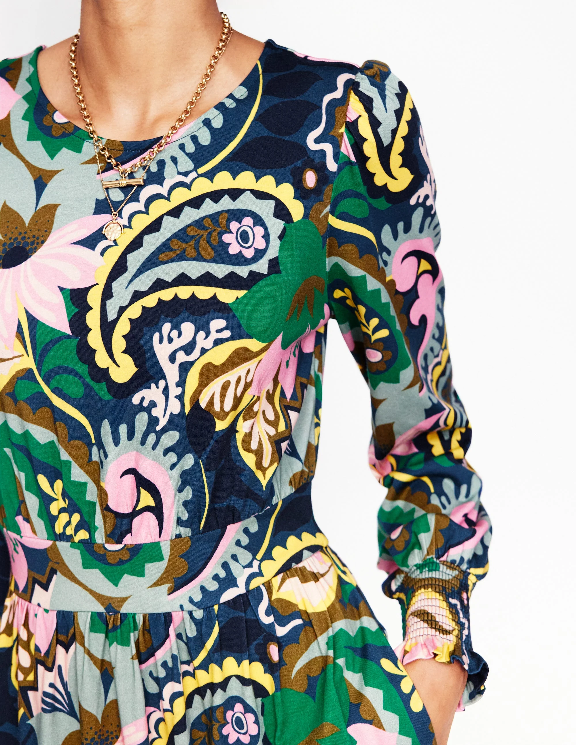 Tabitha Tiered Jersey Dress-Green, Botanical Paisley - Image 4