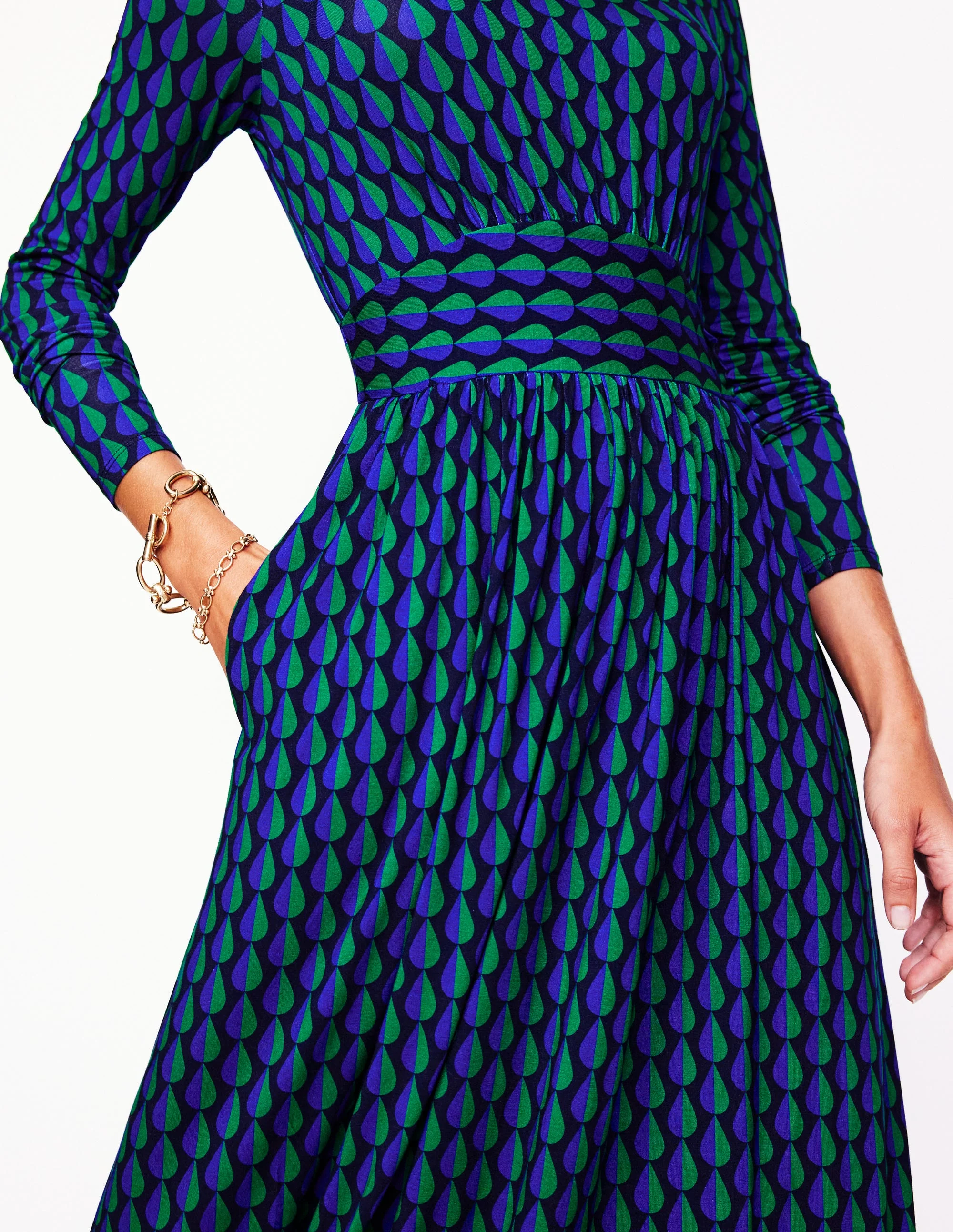 Thea Long Sleeve Jersey Dress-Pine, Raindrop Geo - Image 2