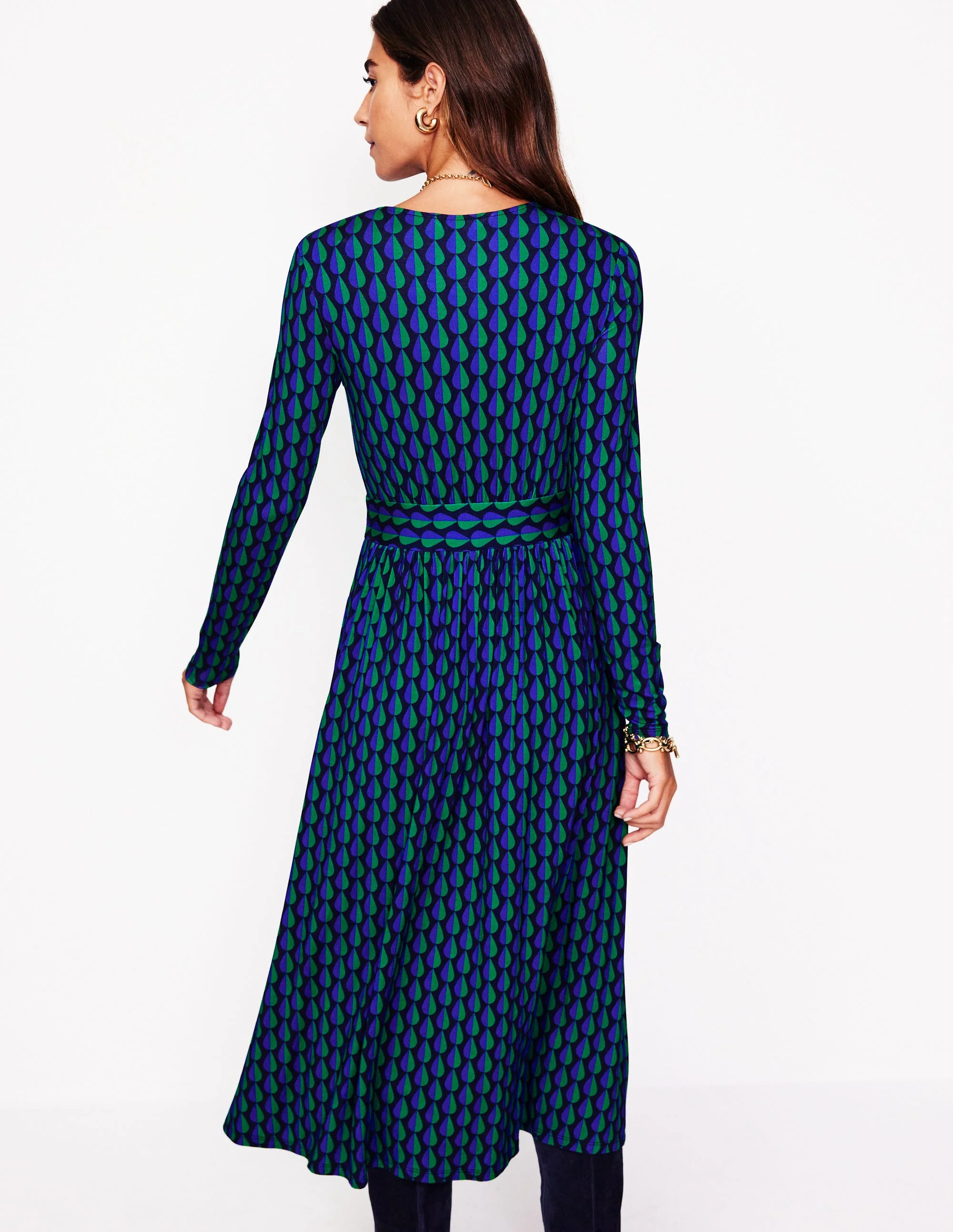 Thea Long Sleeve Jersey Dress-Pine, Raindrop Geo - Image 3