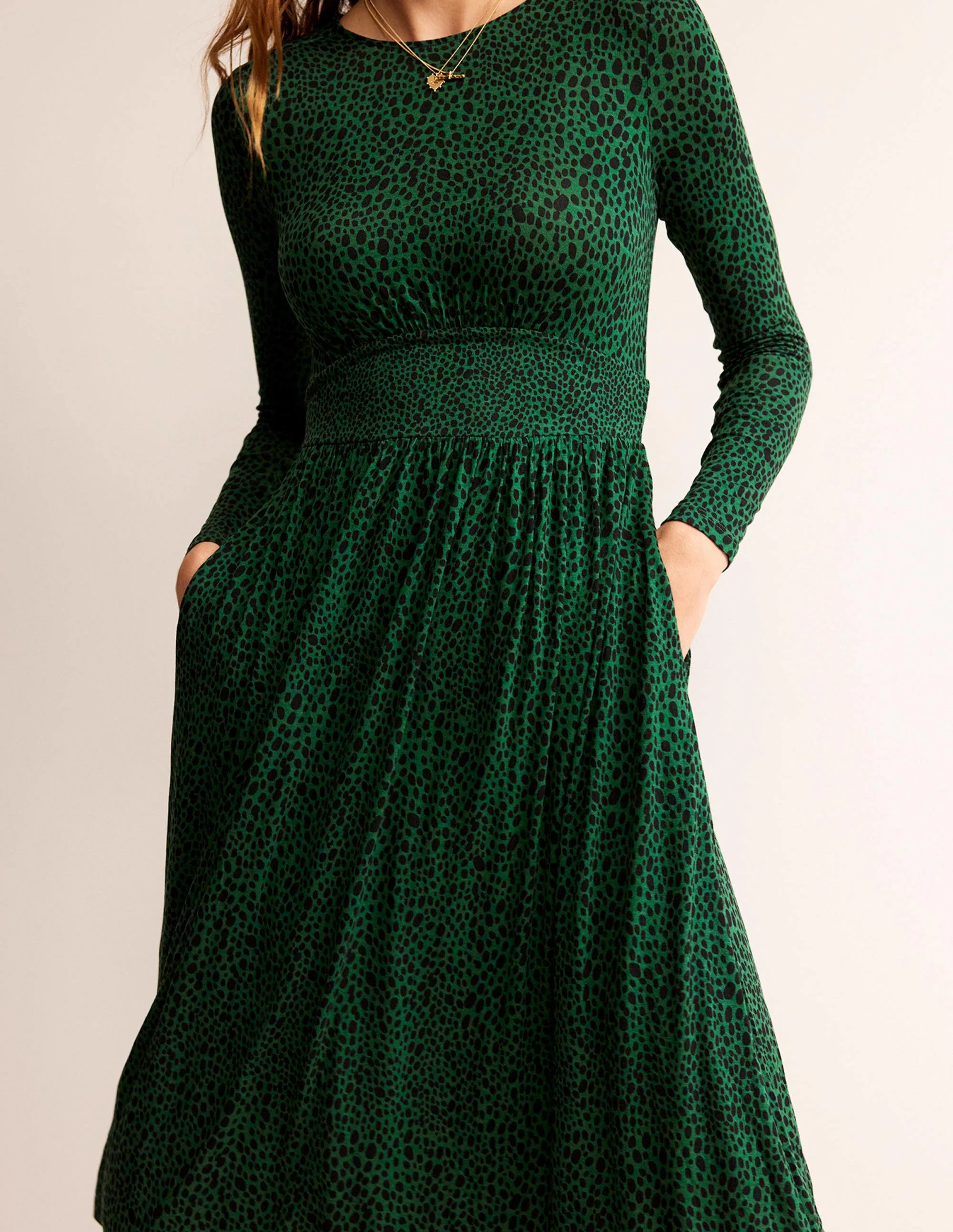 Thea Long Sleeve Midi Dress-Amazon Green, Animal Spot - Image 2