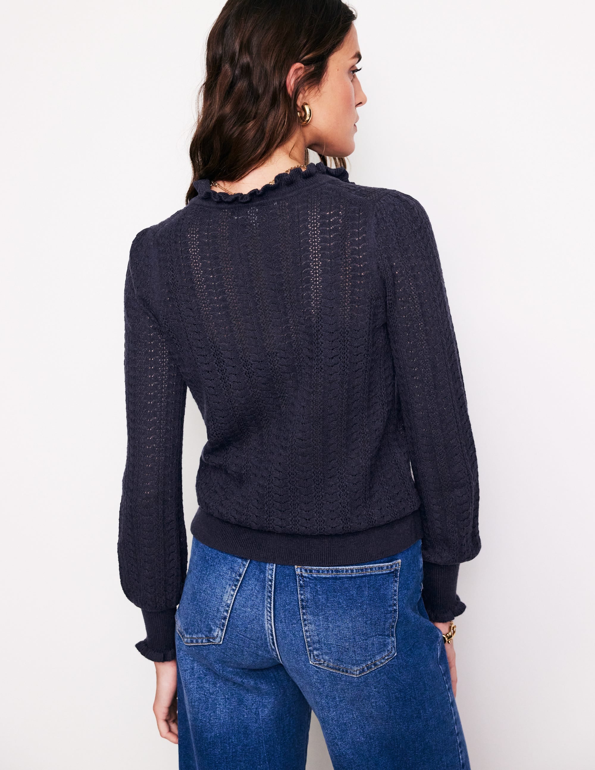 Tia Pointelle Frilled Cardigan-Navy - Image 3