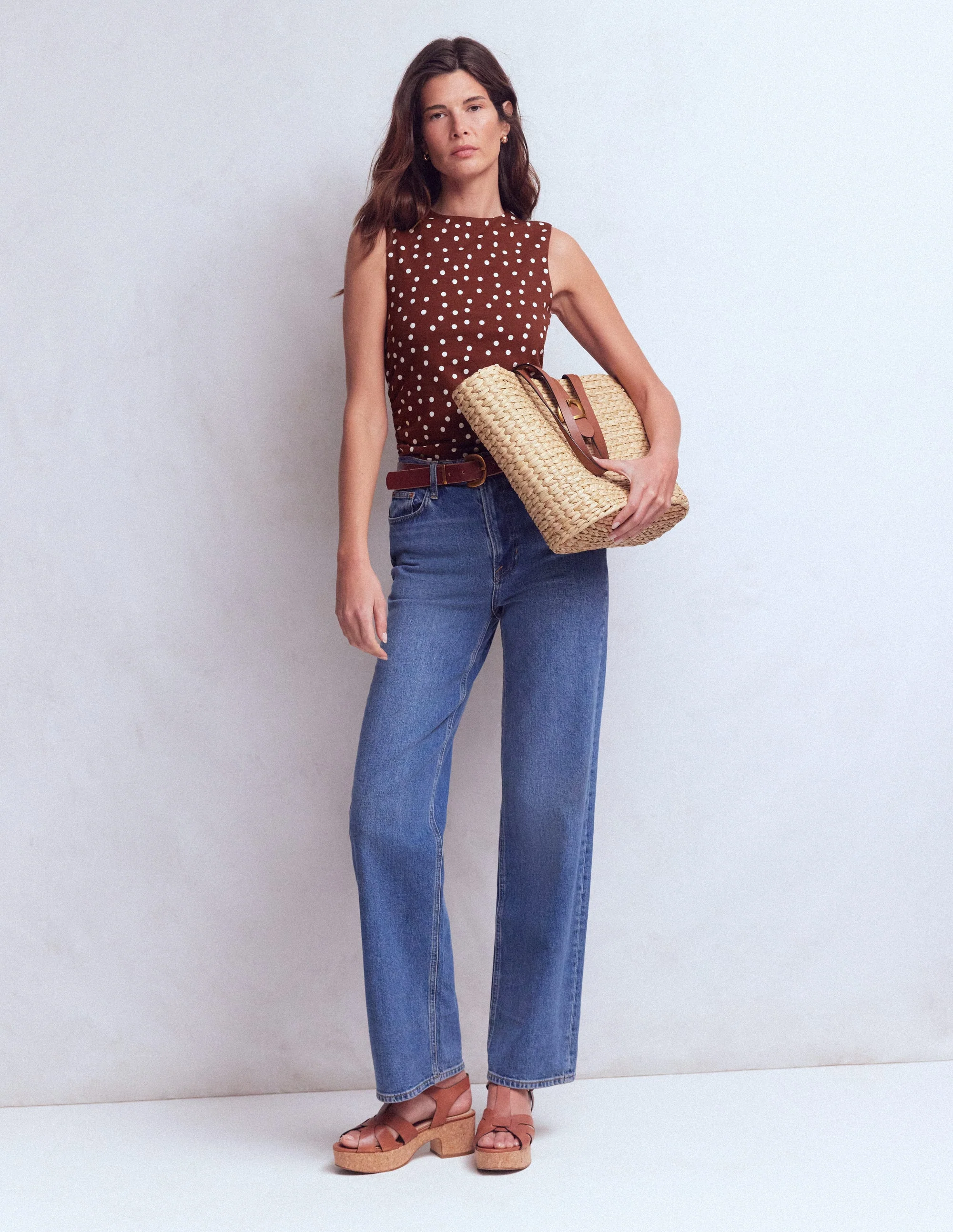 Tia Sleeveless Ruch Jersey Top-Bitter Chocolate & Ivory Spot - Image 4