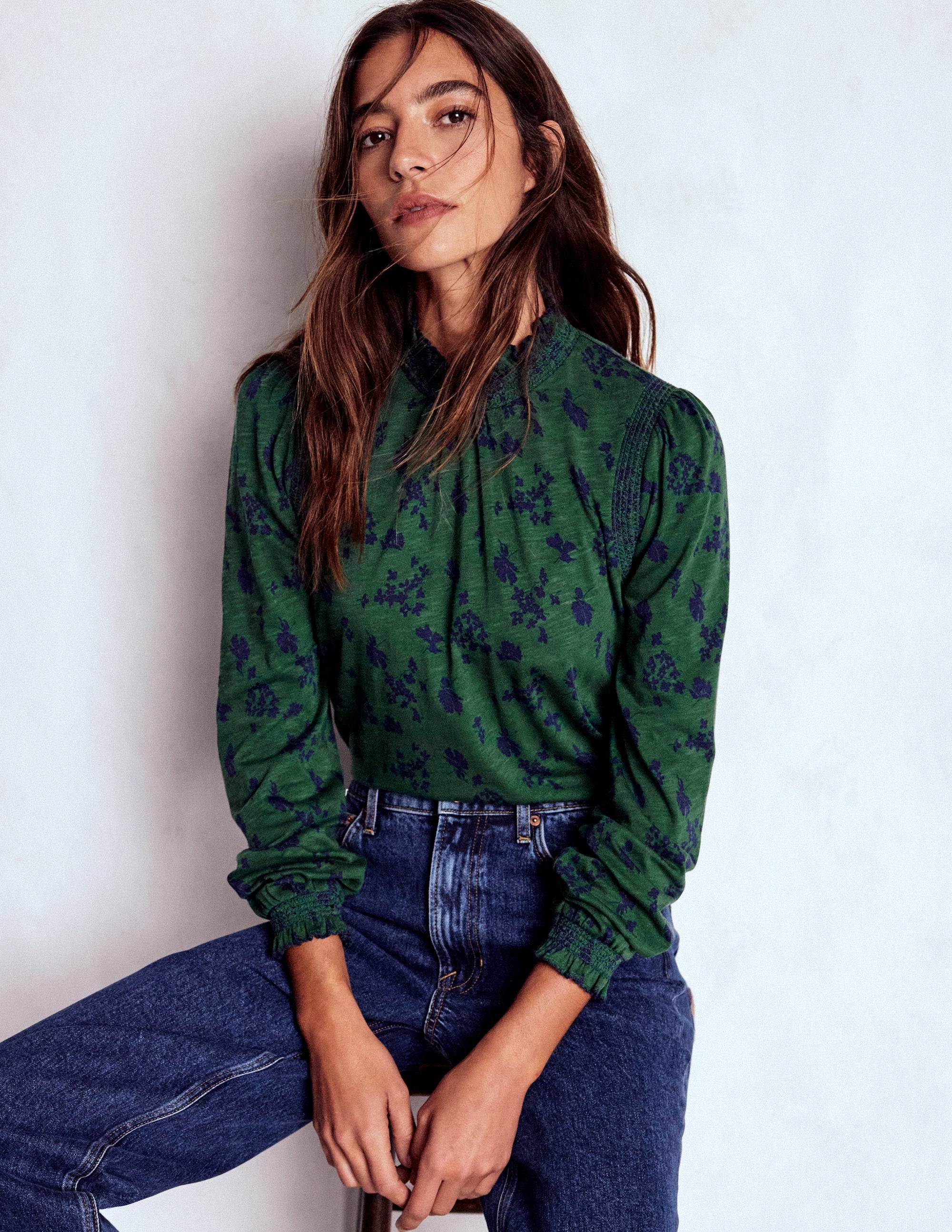 Tia Smocked Neck Jersey Top-Dark Green, Dainty Meadow - Image 2