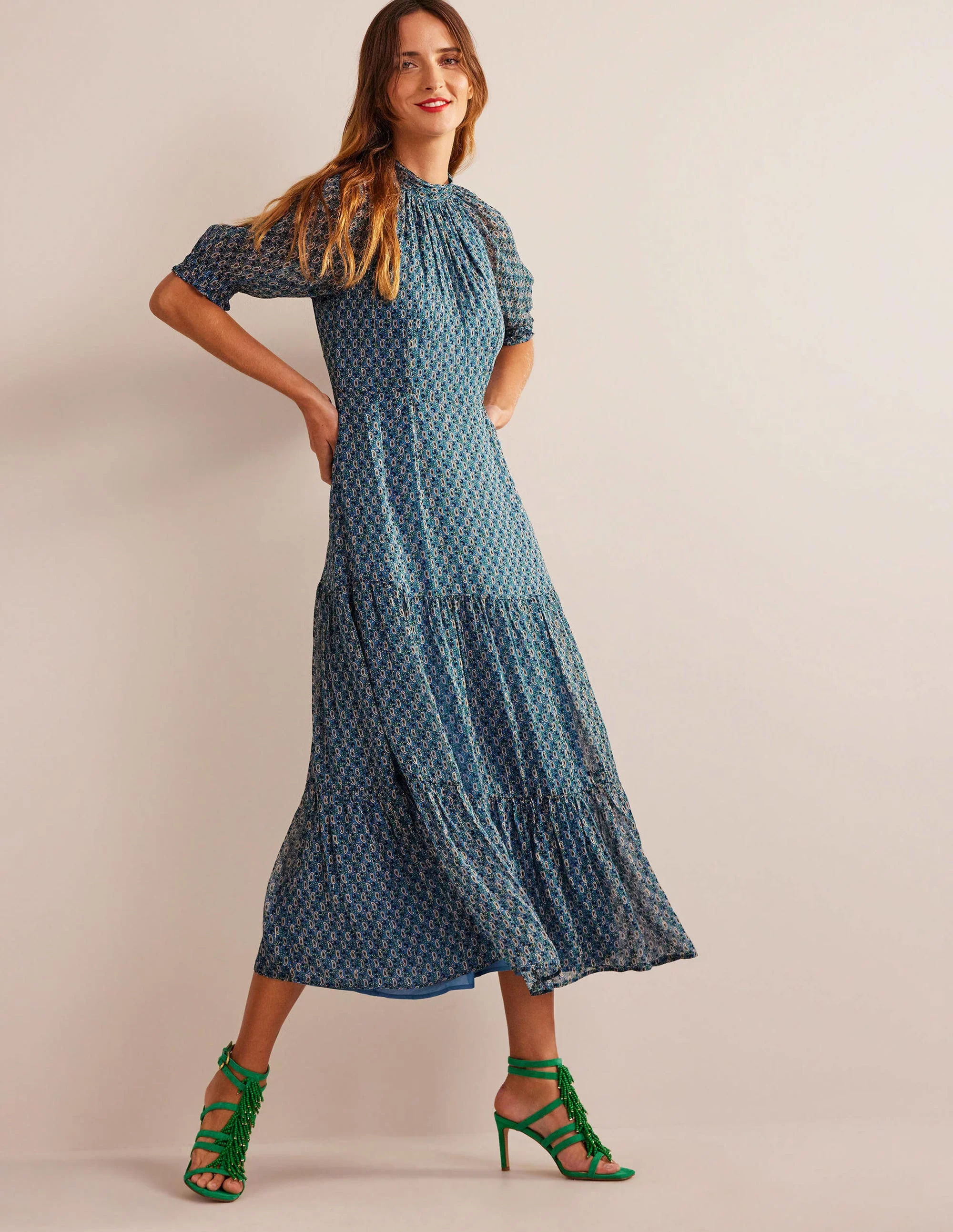 Tie-Neck Tiered Maxi Dress-Blue, Paisley Stem - Image 4