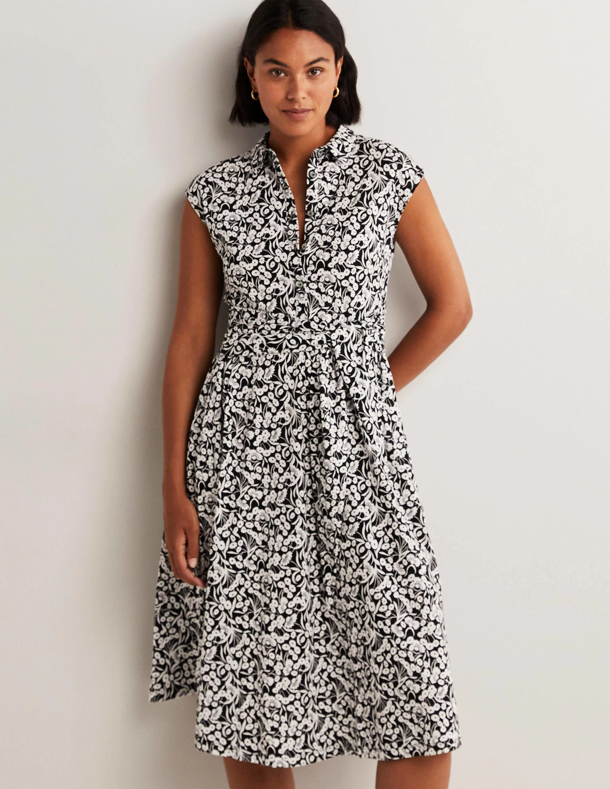 Tie Waist Jersey Shirt Dress-Black, Floret Bud - Image 2