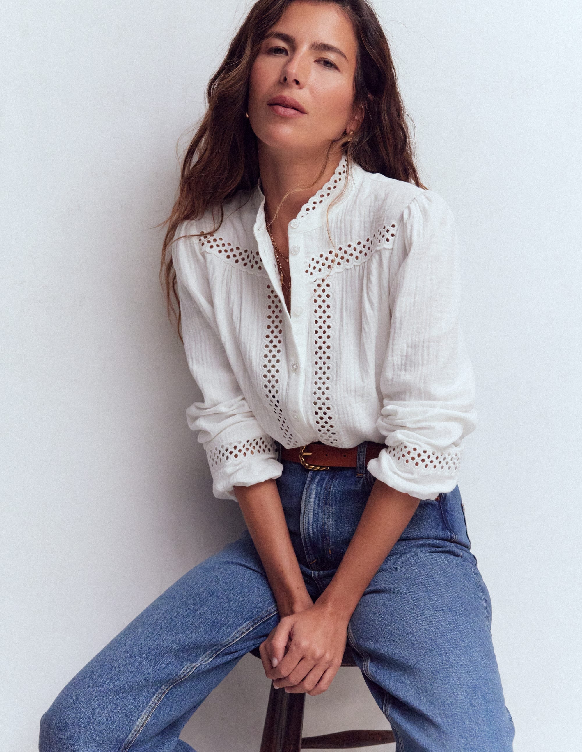 Trim Detail Double Cloth Top-White - Image 5