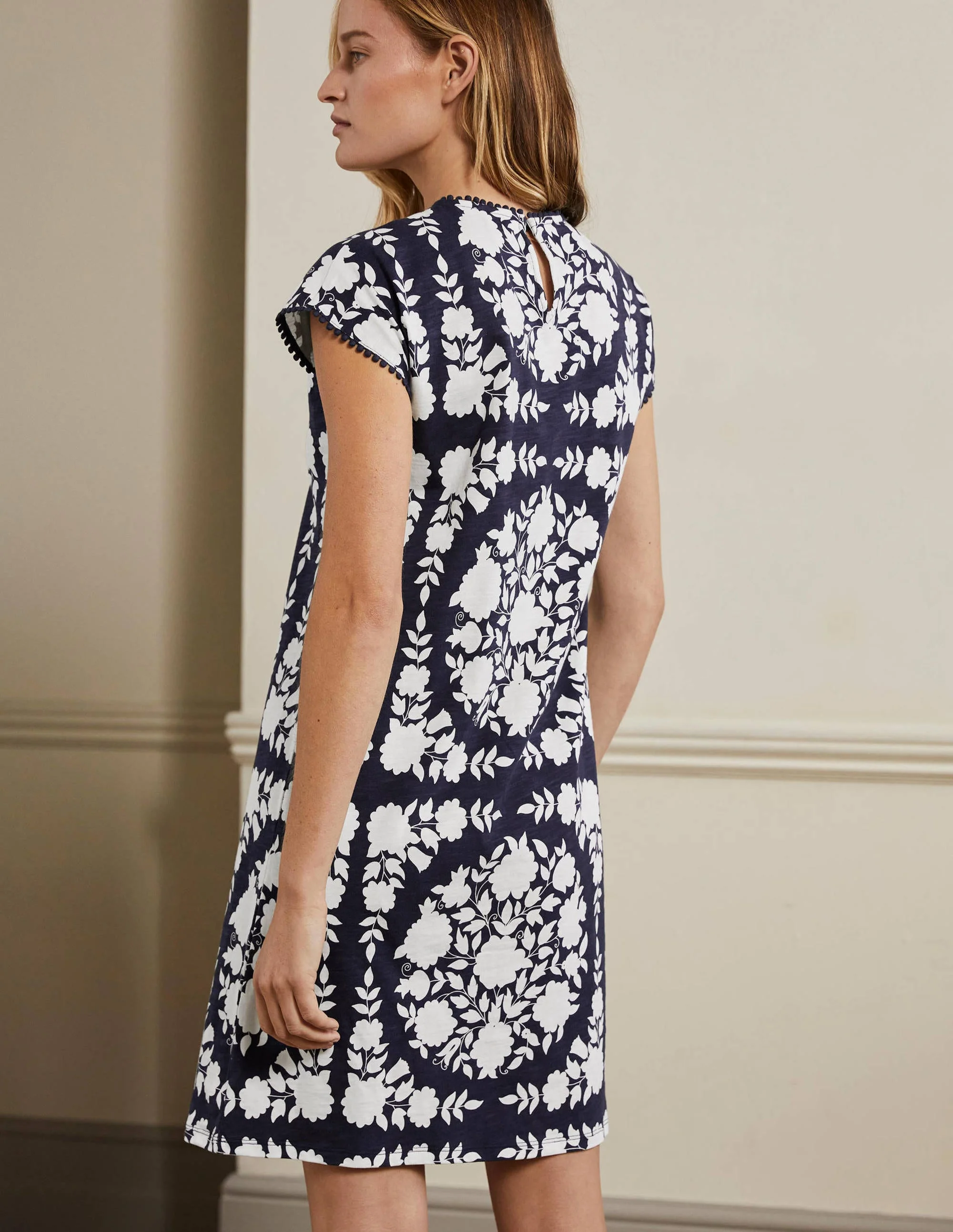 Trim Detail T-Shirt Dress-Navy, Wildflower Prairie - Image 3