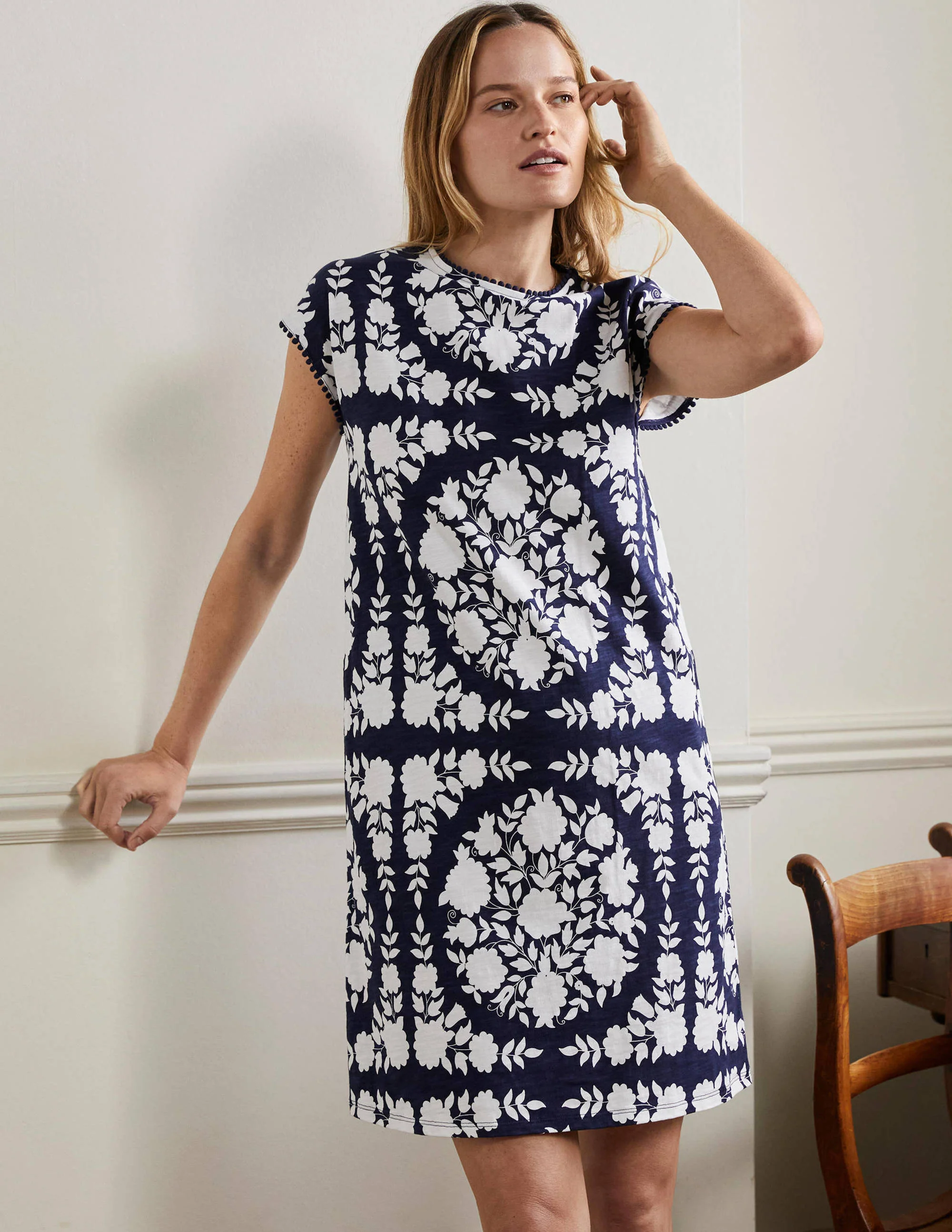 Trim Detail T-Shirt Dress-Navy, Wildflower Prairie - Image 4