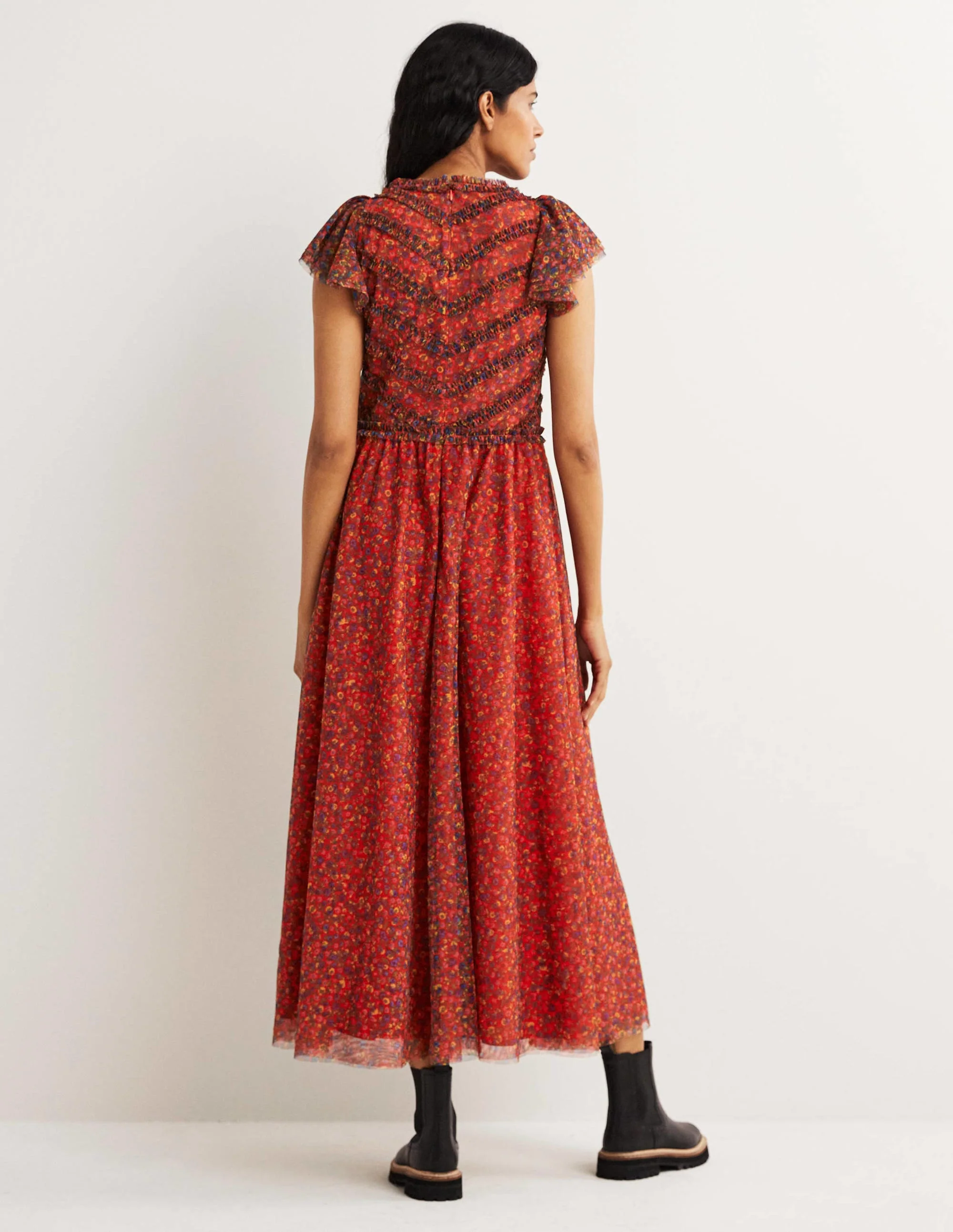 Tulle V-Neck Maxi Party Dress-Rocket Red, Floral Terrace - Image 3