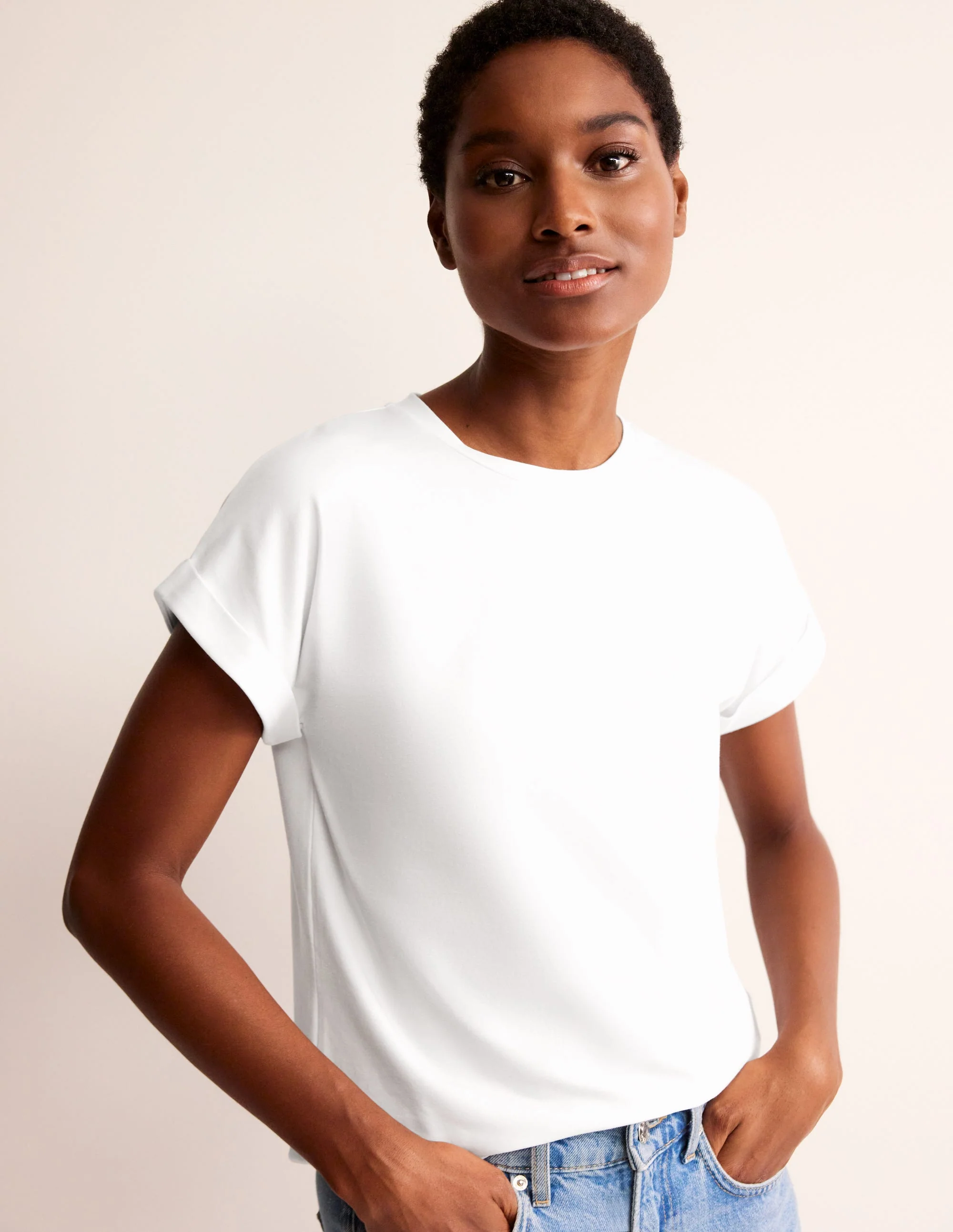 Turnback Cuff Crew T-shirt-White - Image 2