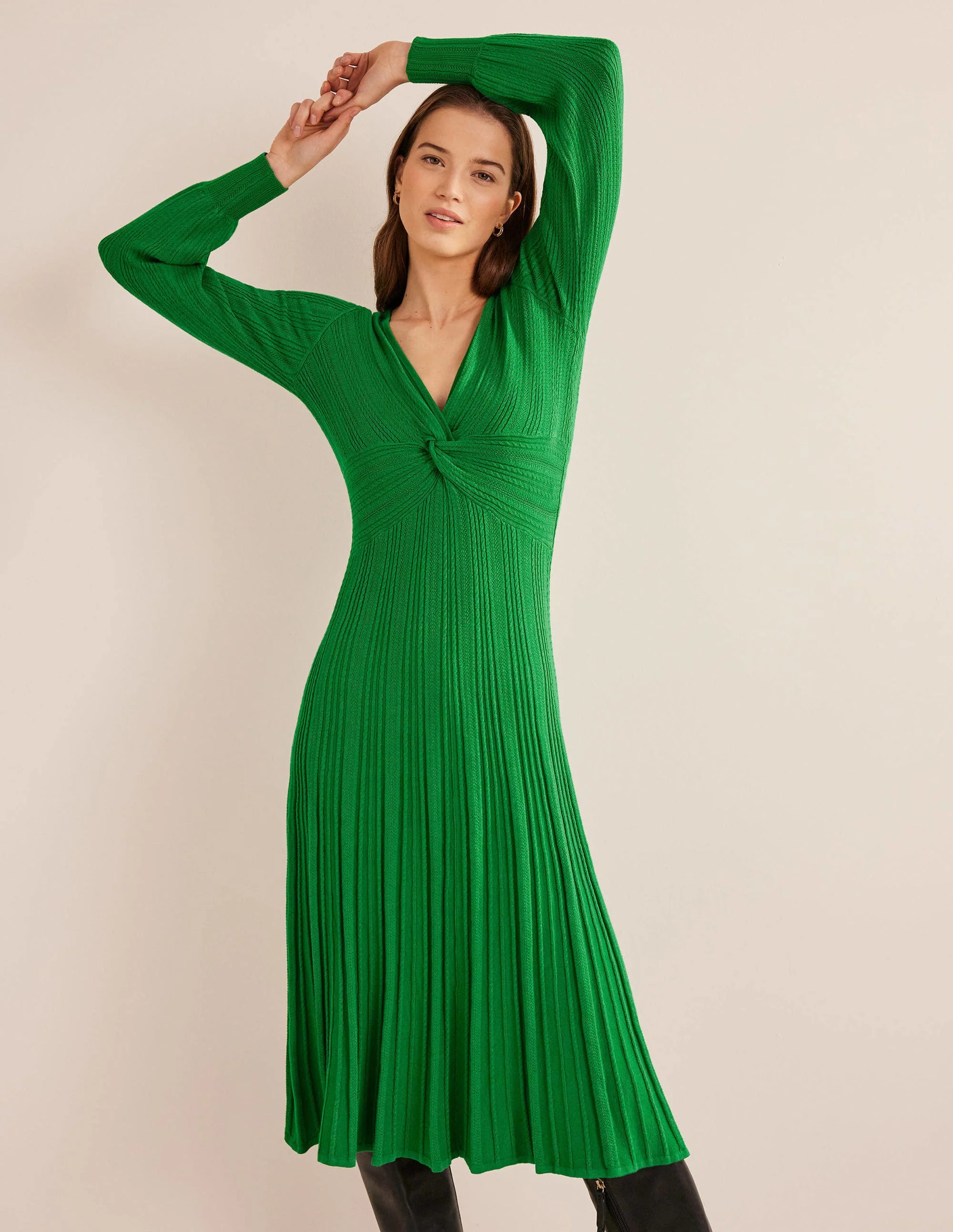 Twist Front Knitted Midi Dress-Highland Green