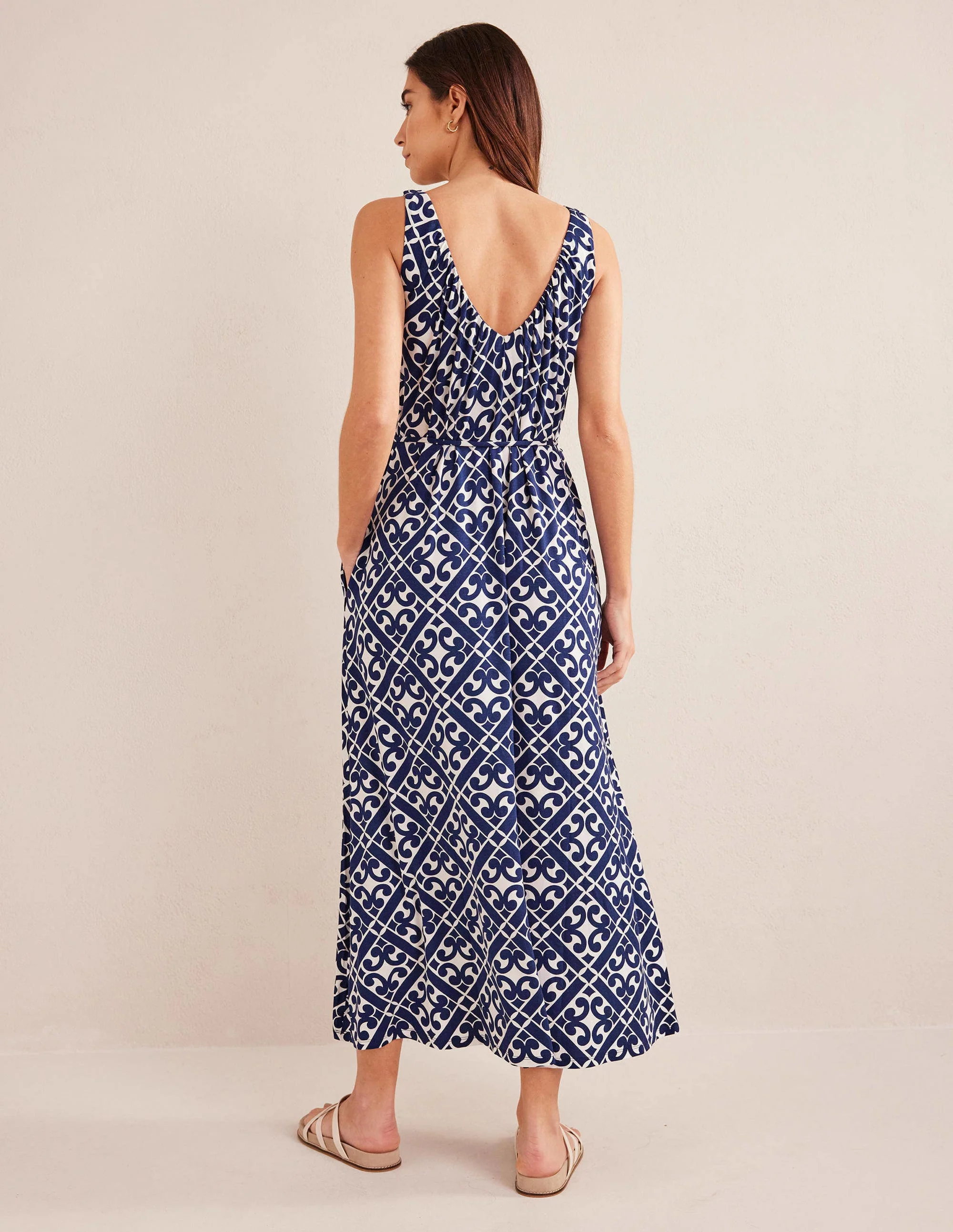 V-Neck Jersey Maxi Dress-Prussian Blue, Tranquil Geo - Image 3