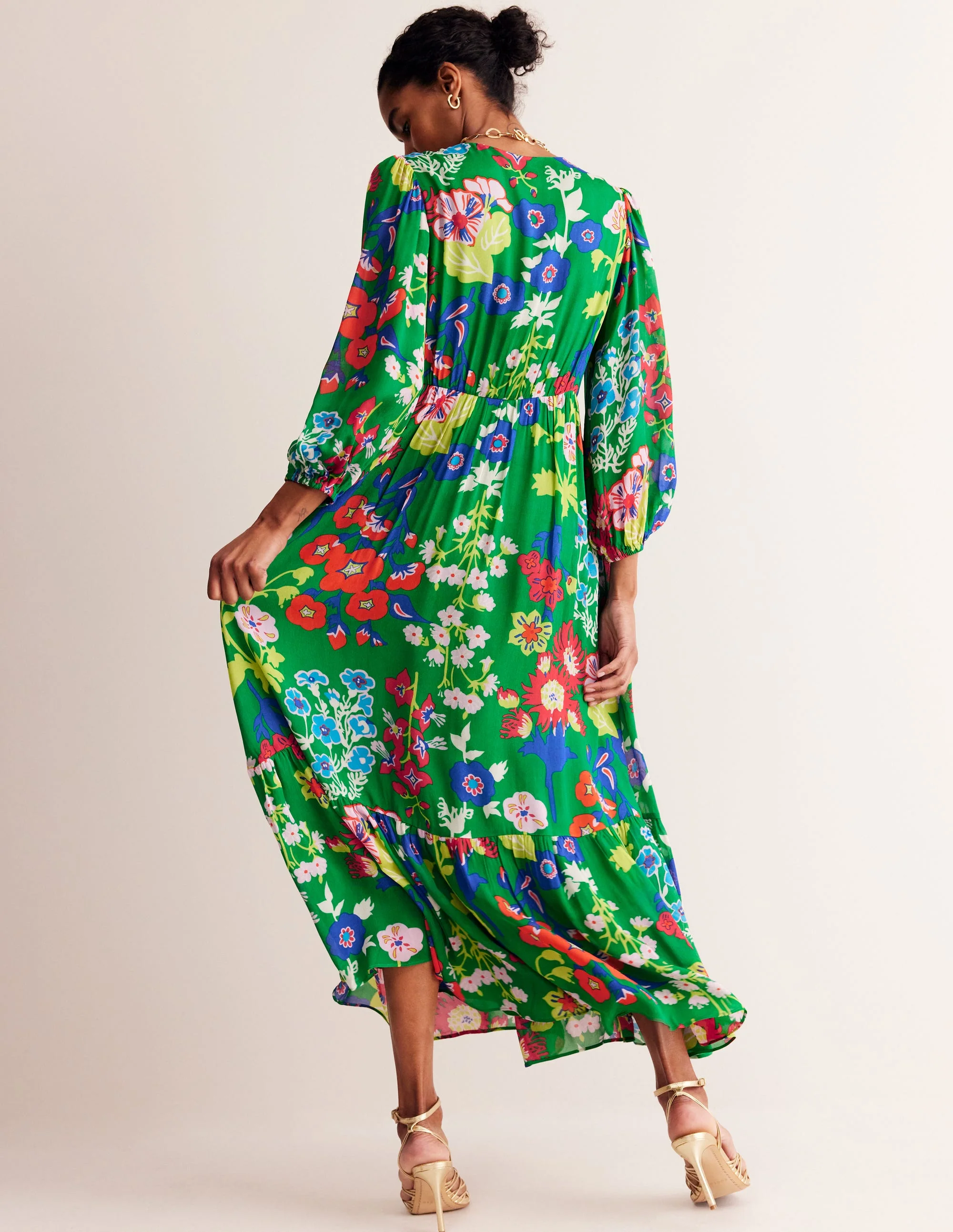 V Neck Puff Maxi Dress-Green Tambourine, Wild Flower - Image 4