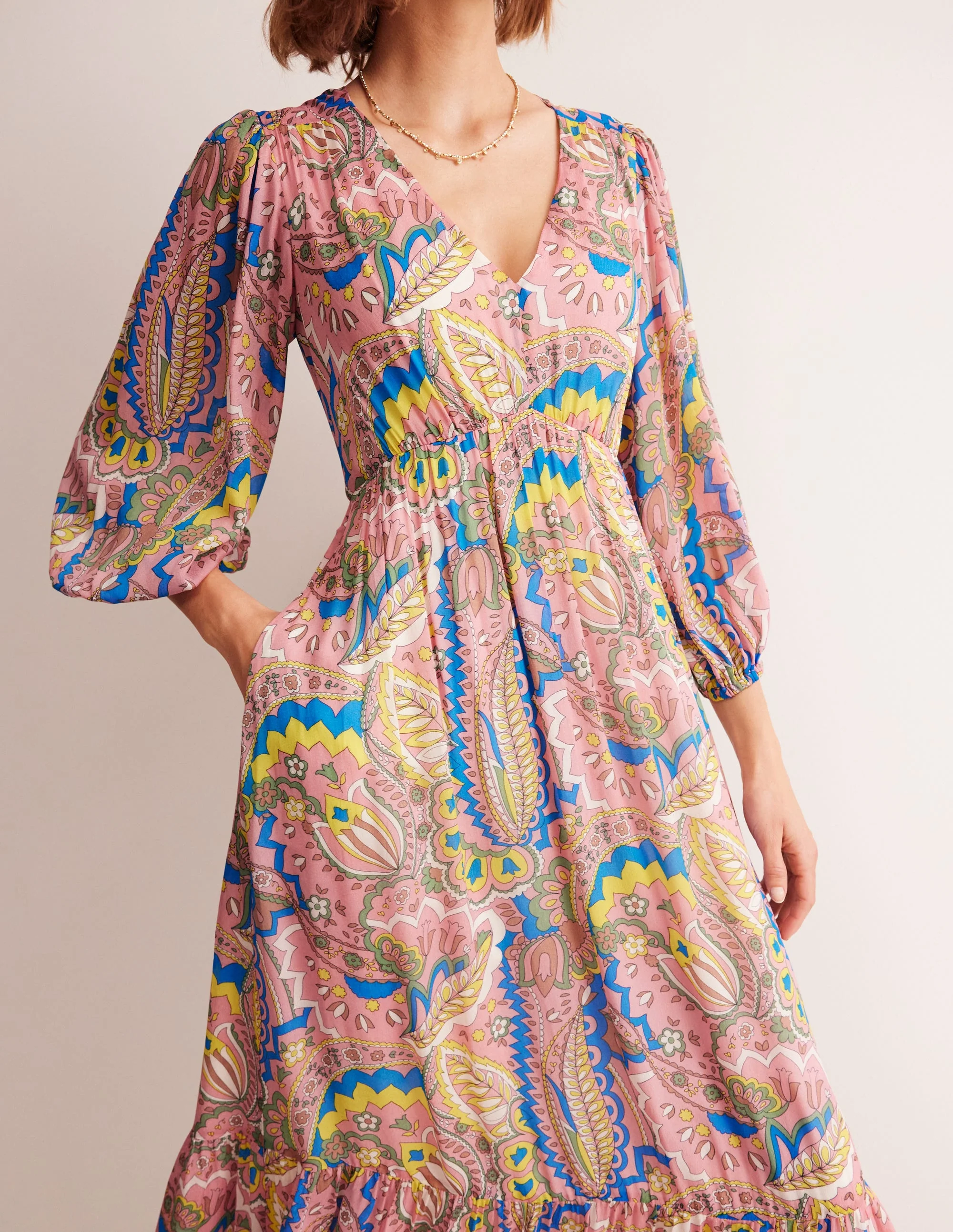 V Neck Puff Maxi Dress-Multi, Foliage Paisley - Image 2
