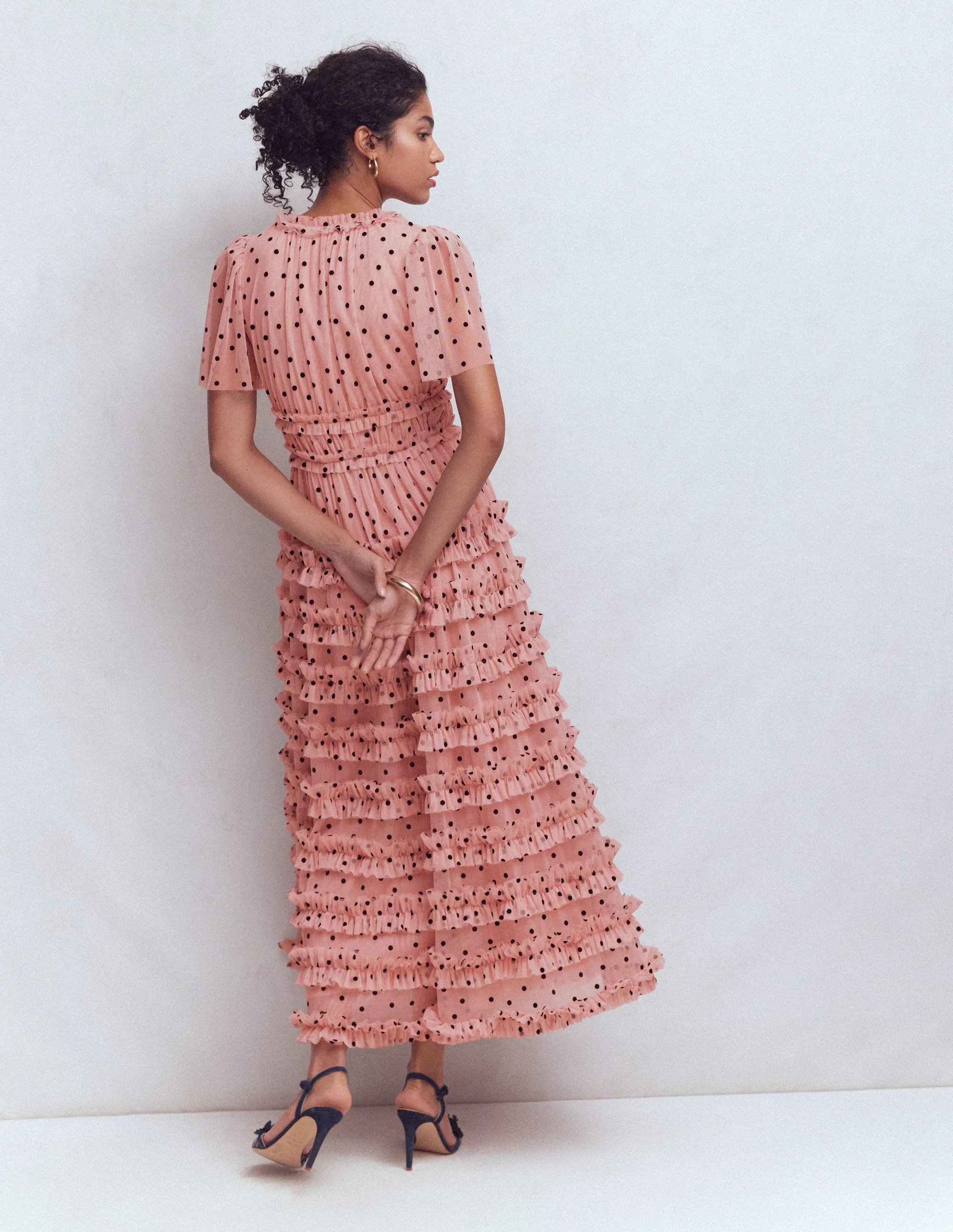 V-Neck Ruffle Tulle Dress-Ivory Black Spot - Image 3