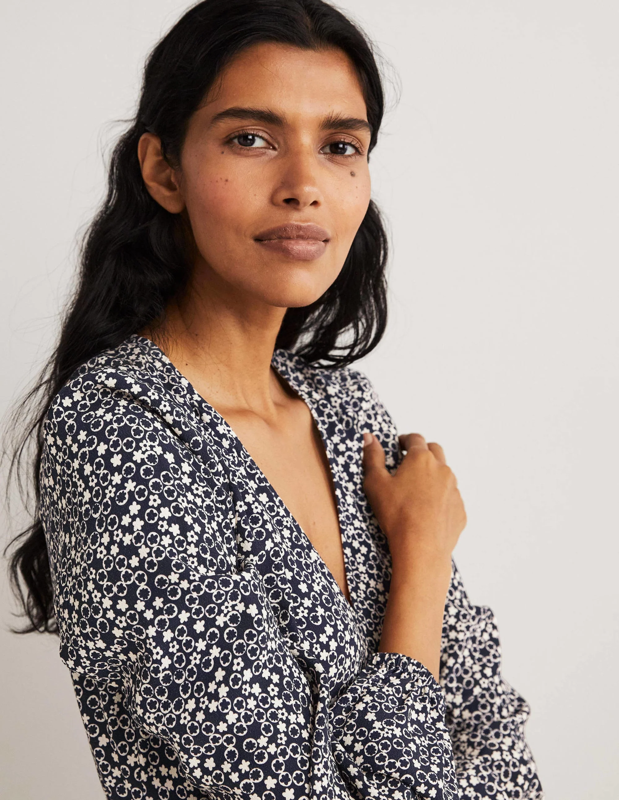 V-Neck Tea Dress-French Navy, Floral Pebble - Image 2