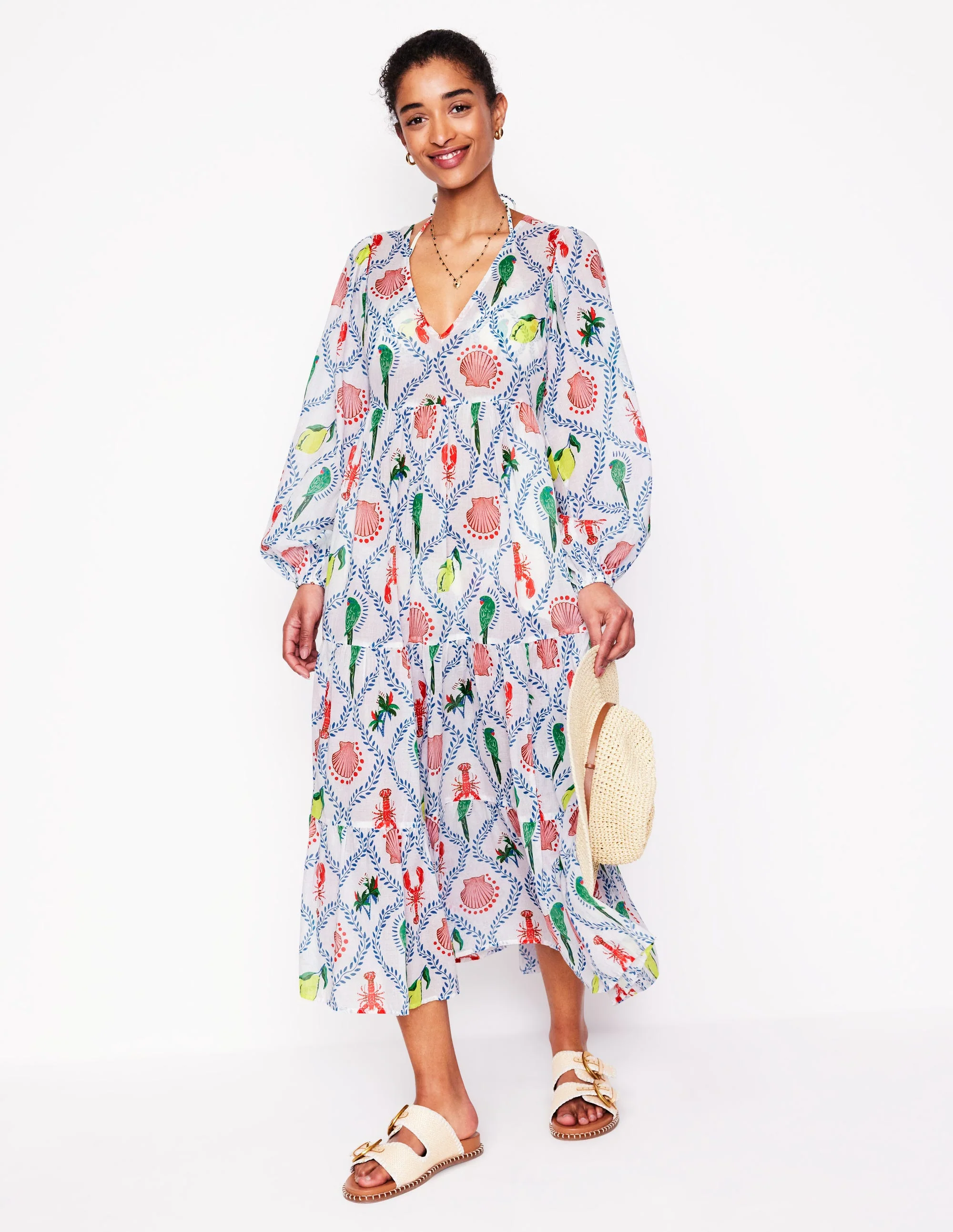 V-Neck Tiered Cotton Kaftan-Ivory, Tropical Bonanza - Image 5