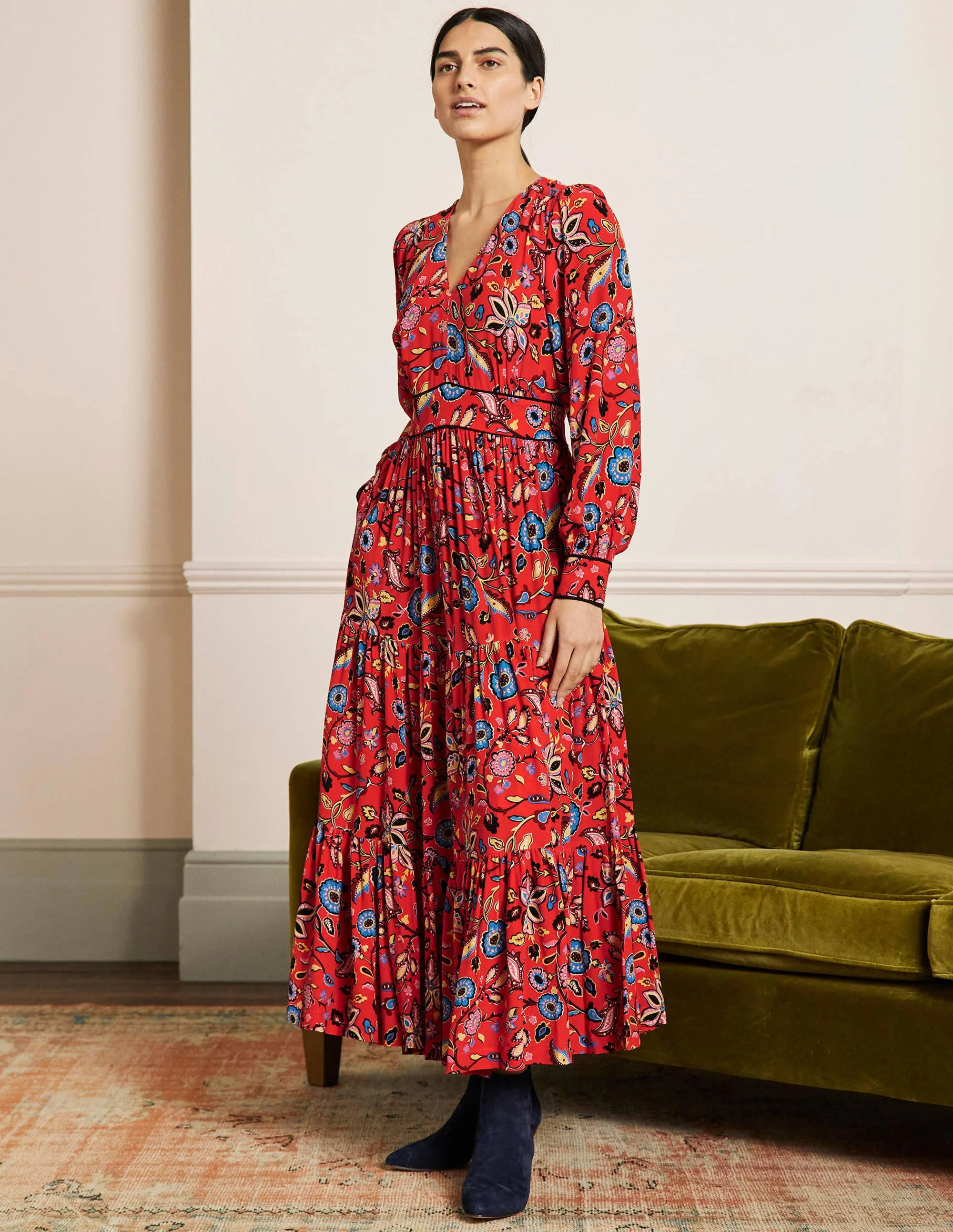 V-Neck Tiered Midi Dress-Red, Opulent Paradise - Image 4
