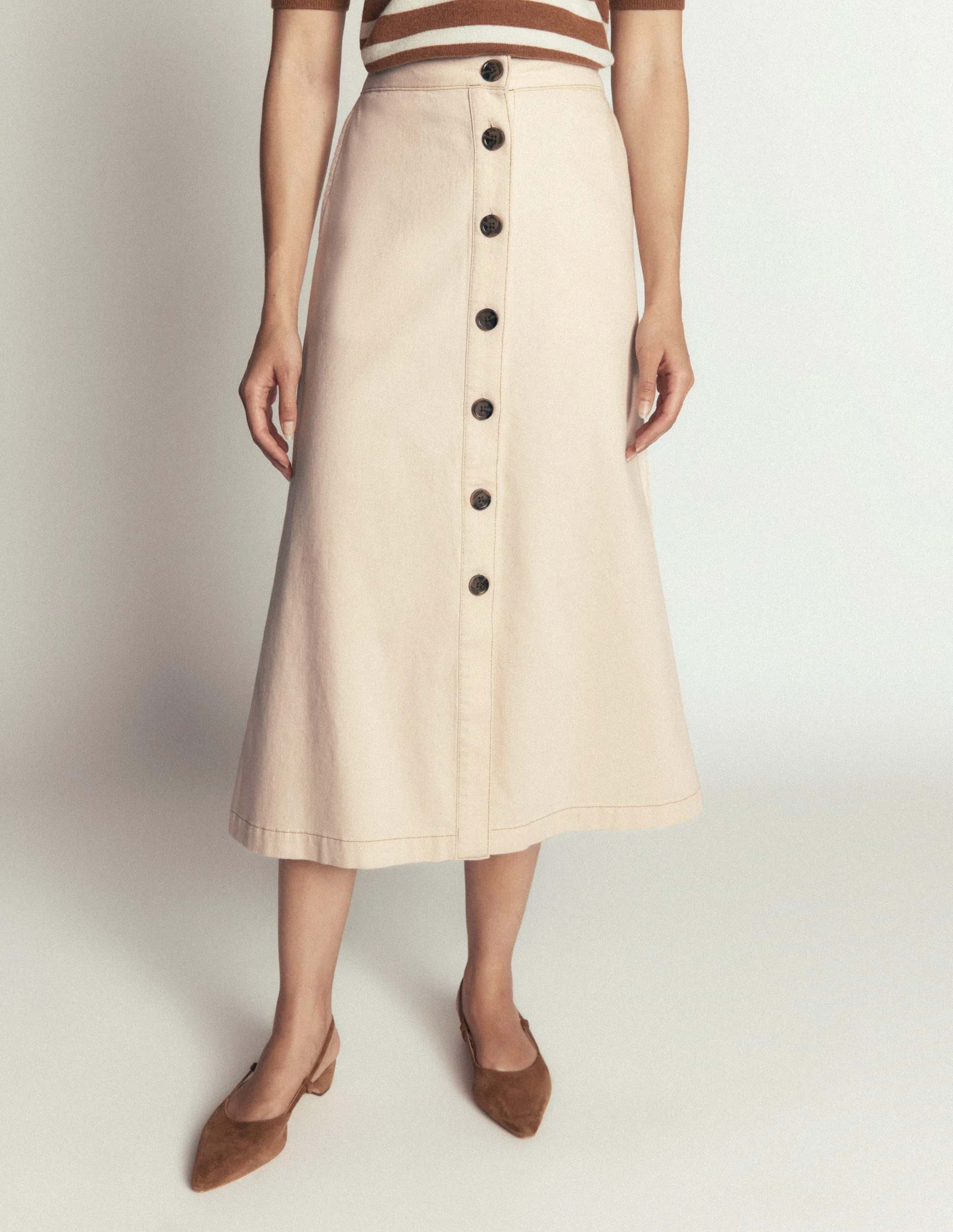 Val Button Denim Midi Skirt-Ecru - Image 4