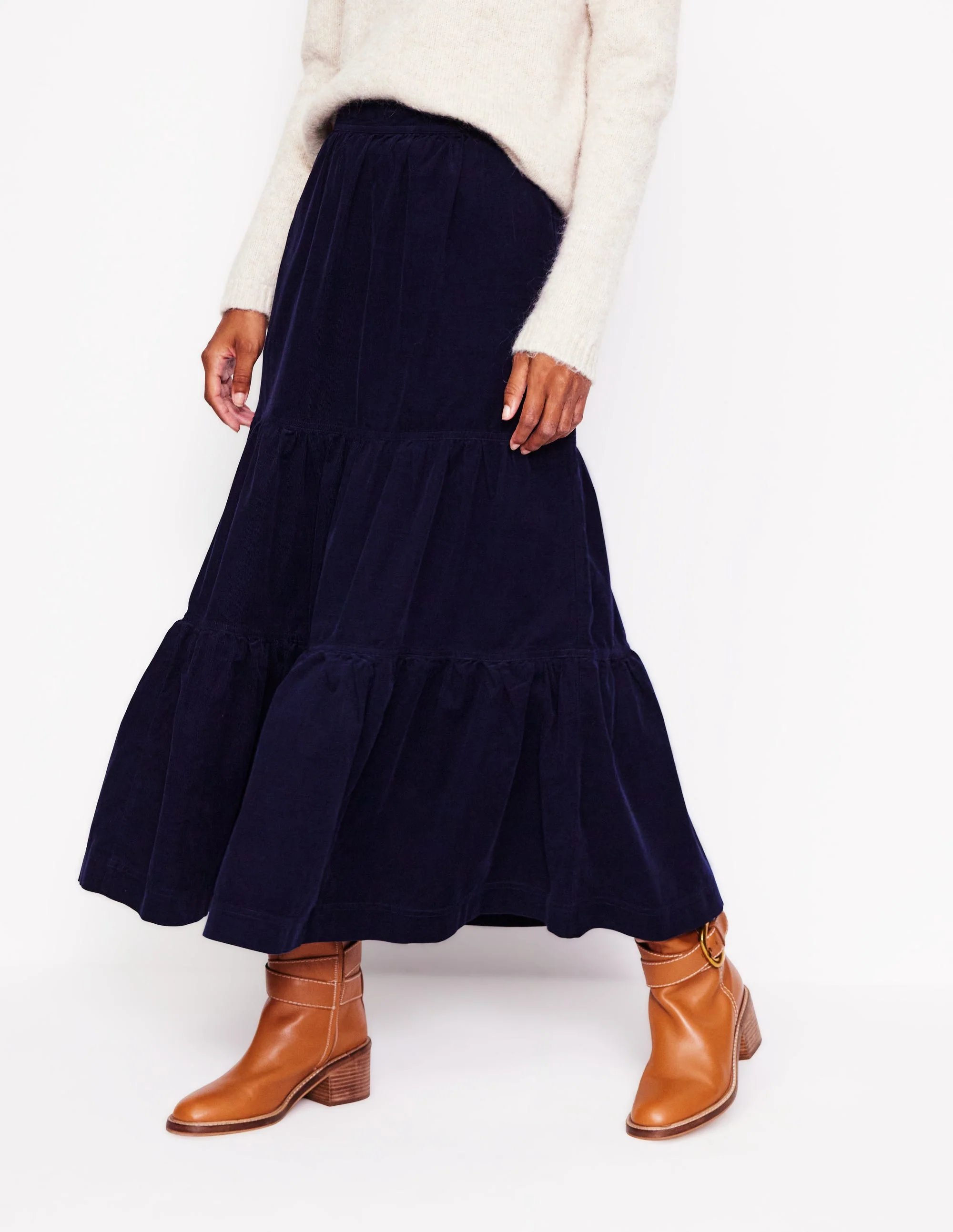 Viv Cord Tiered Maxi Skirt-Navy - Image 4