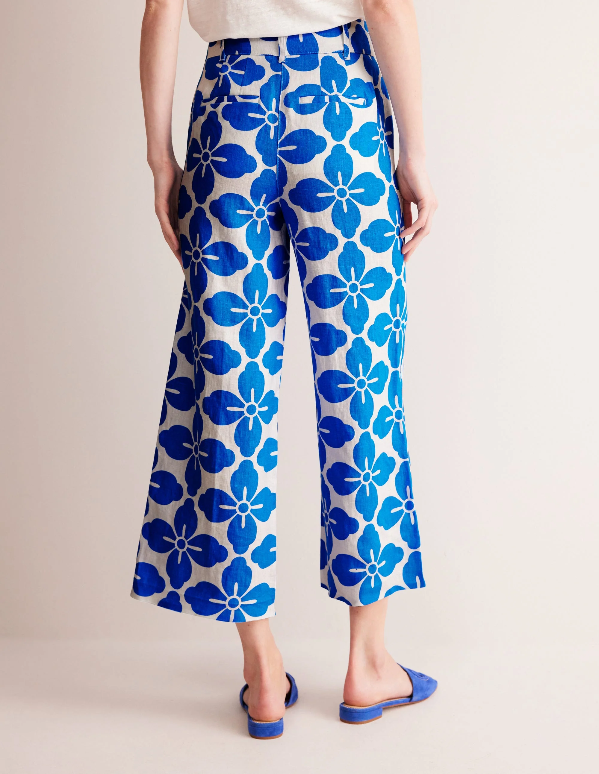 Westbourne Cropped Linen Pants-Indigo Bunting, Floral Tile - Image 3