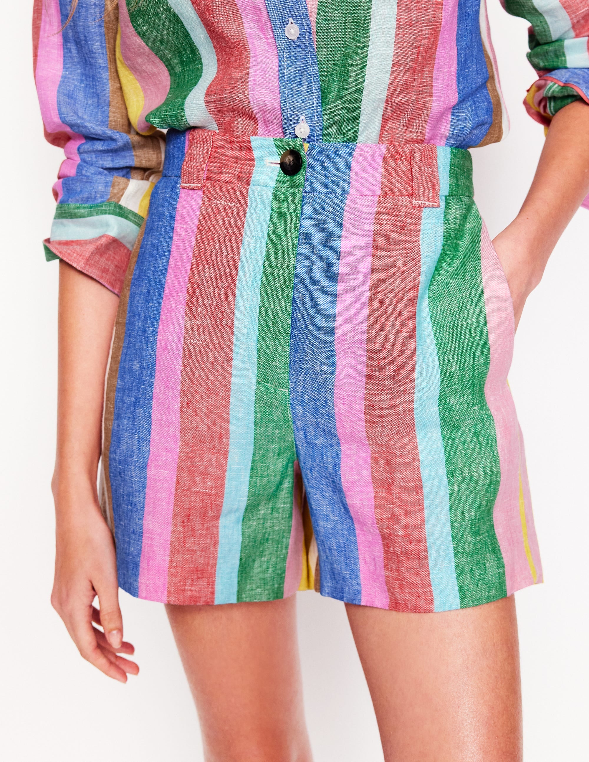 Westbourne Linen Shorts-Bright Rainbow Stripe - Image 2