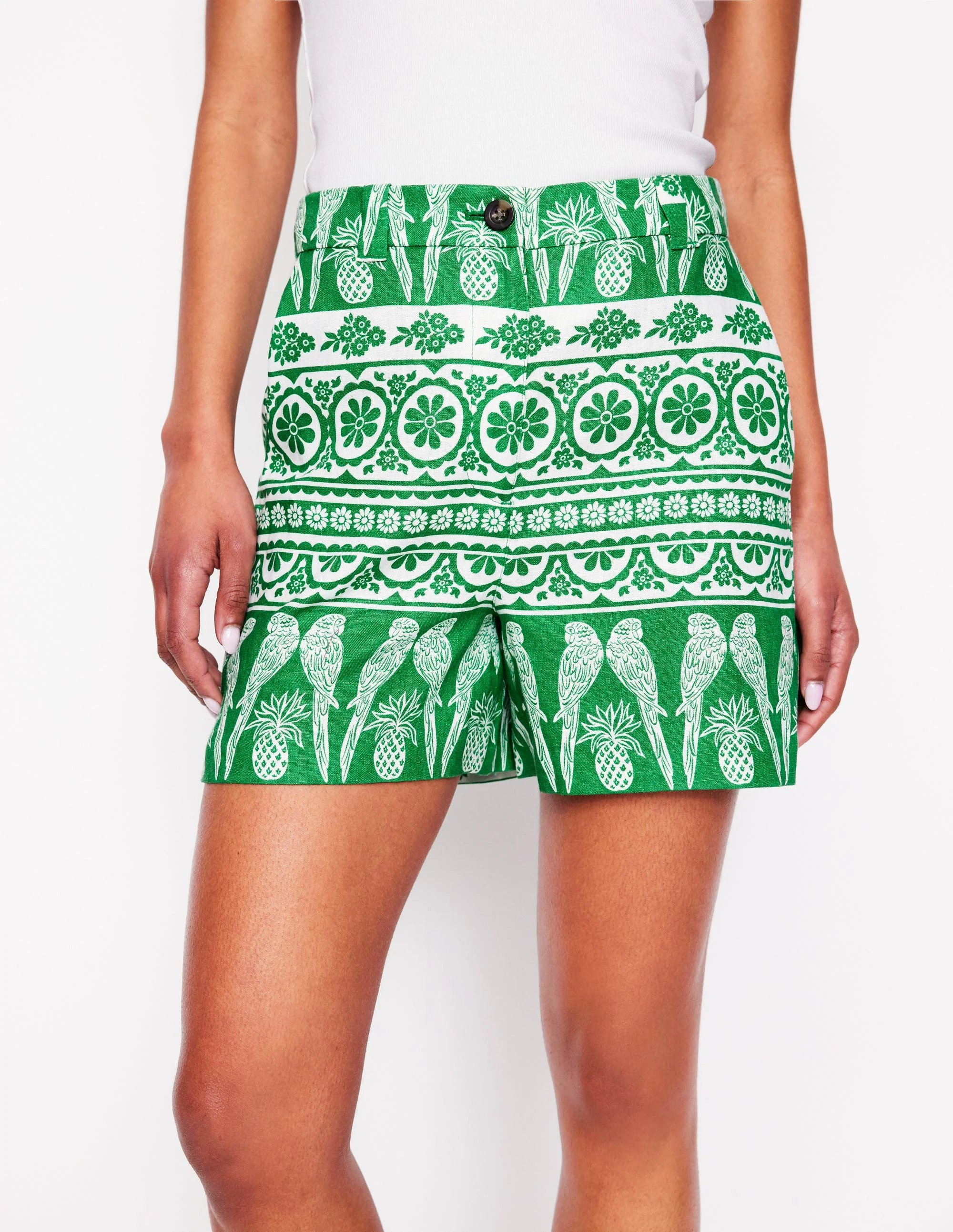 Westbourne Linen Shorts-Rich Emerald, Ornate Tropics - Image 2