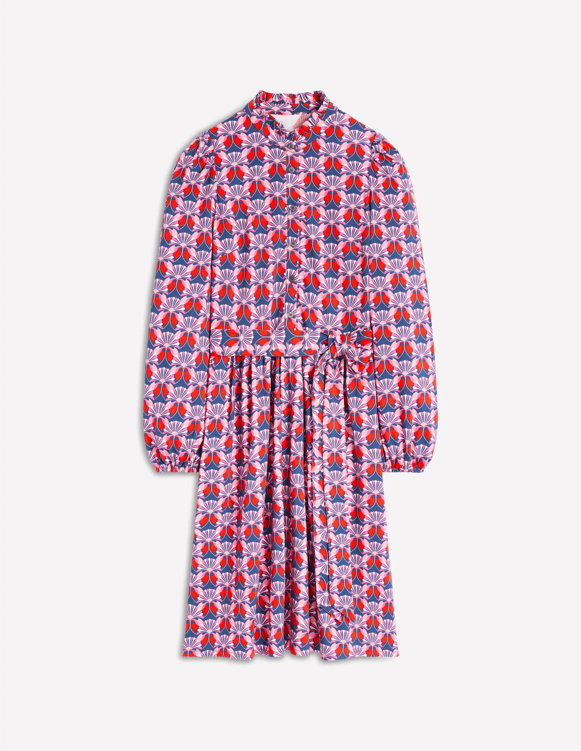 Willow Ruffle Neck Shirt Dress-Poppy Red, Daisy Bloom Geo - Image 6