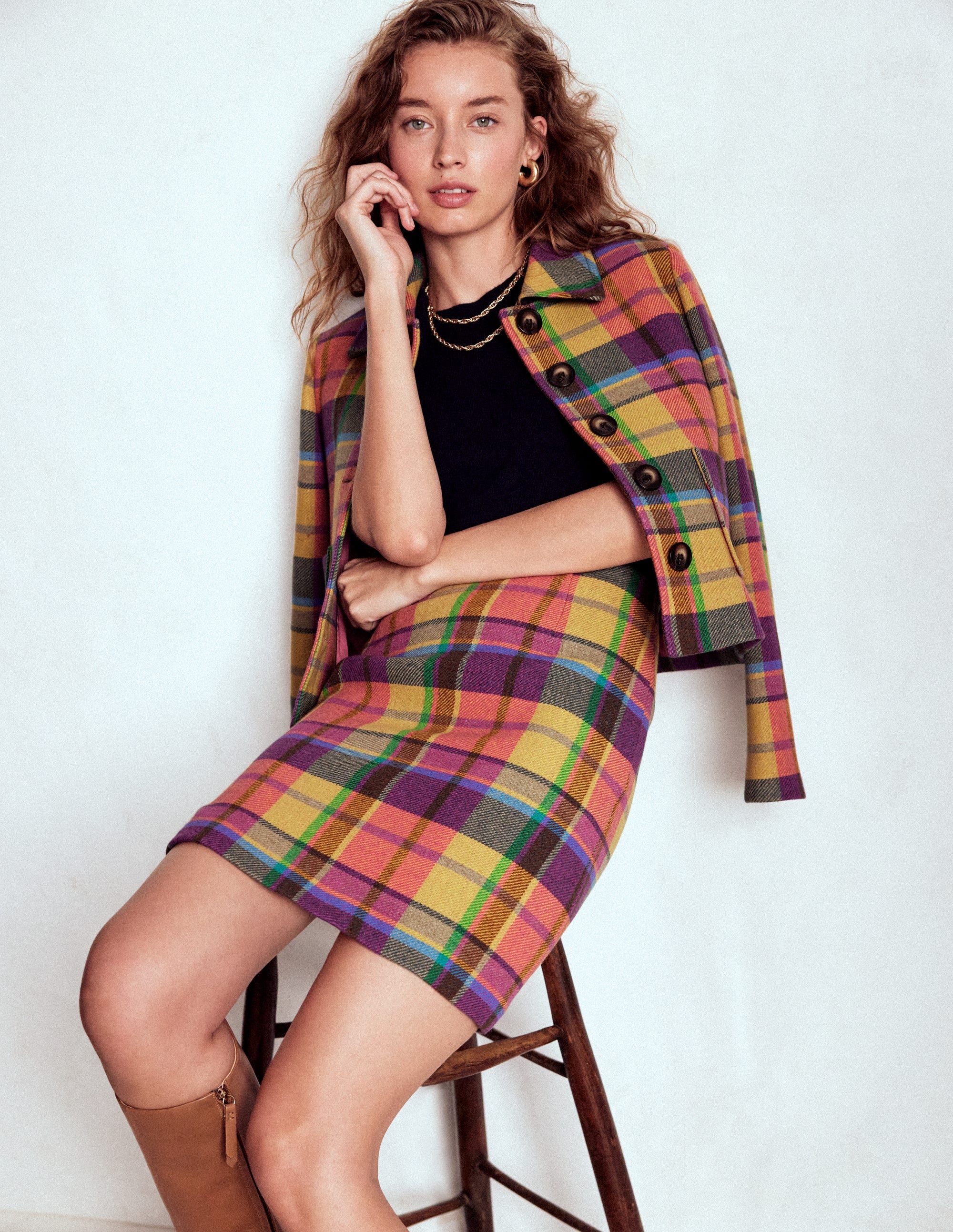 Wool A Line Skirt-Yellow, Pink and Green Check - Image 6