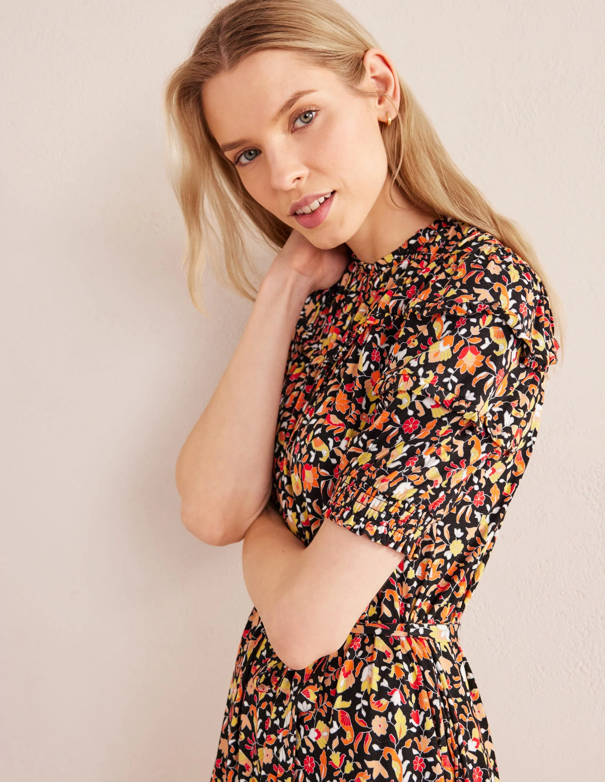 Yoke Detail Jersey Midi Dress-Black, Block Petal - Image 2