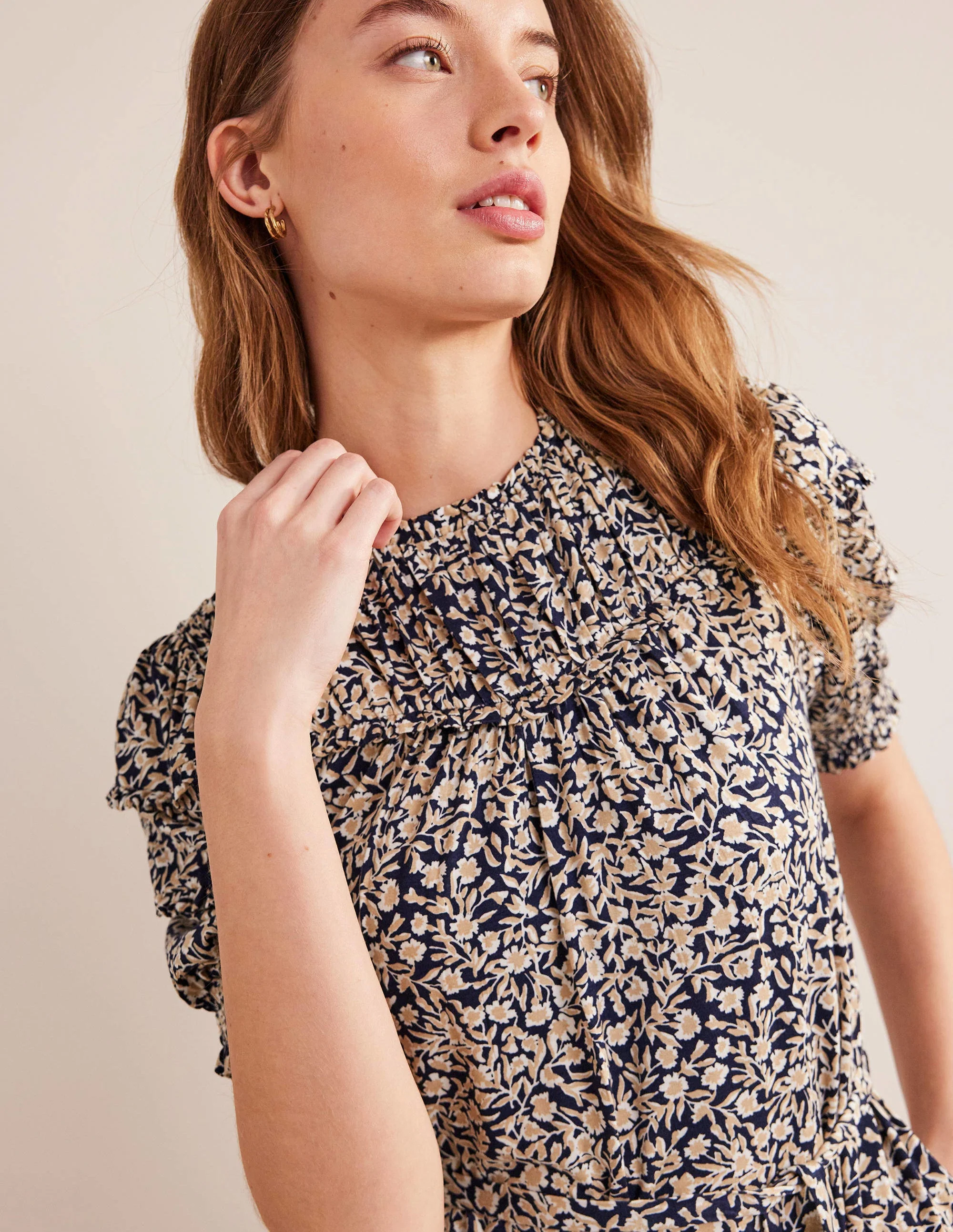 Yoke Detail Jersey Mini Dress-Navy, Abstract Vine - Image 2