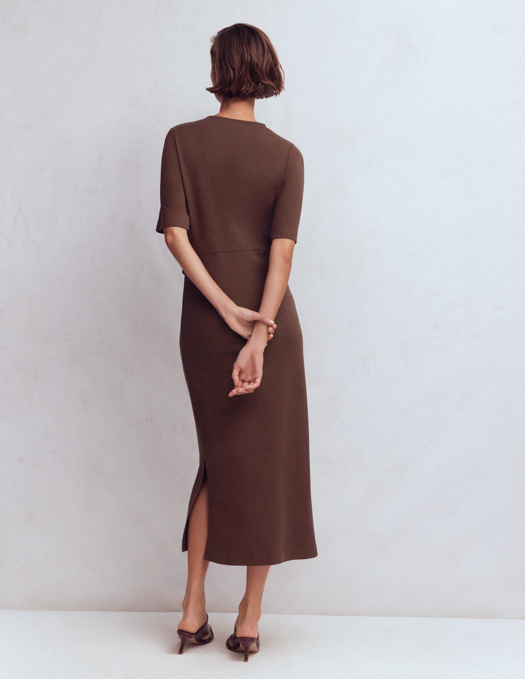 Zinnia Tie Ponte Midi Dress-Espresso - Image 3